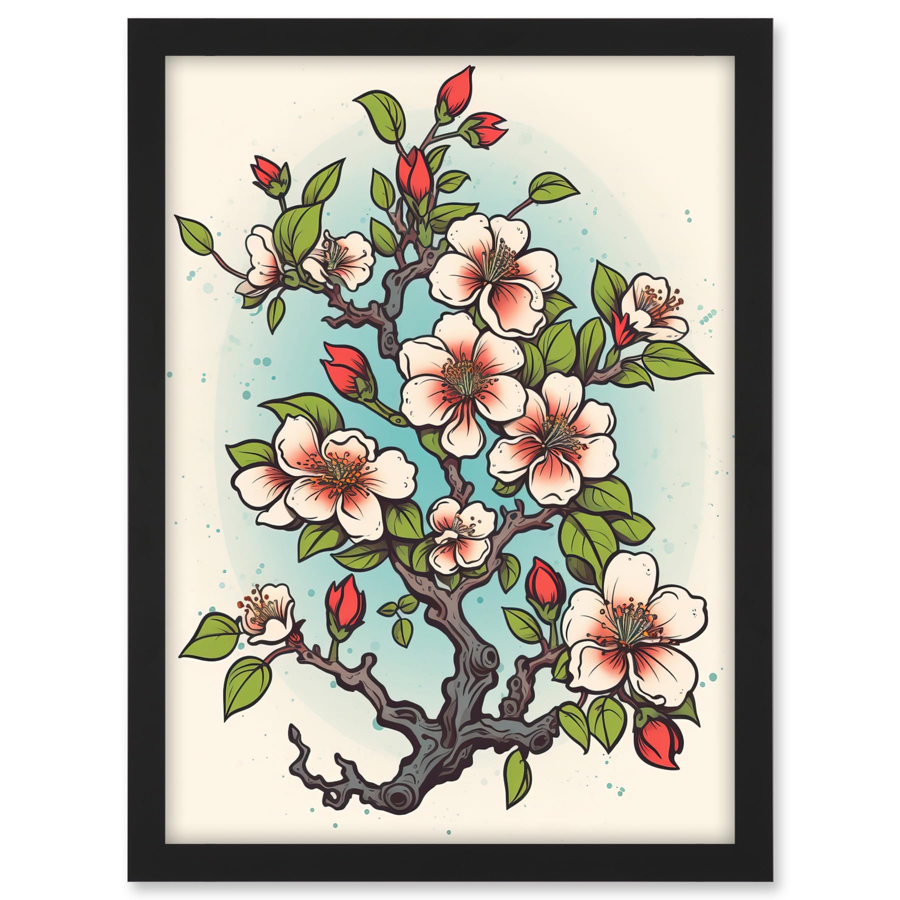 Cherry Blossom Branch Bright Tattoo Ink Body Art Rockabilly Americana 50s Artwork Framed A3 Wall Art Print