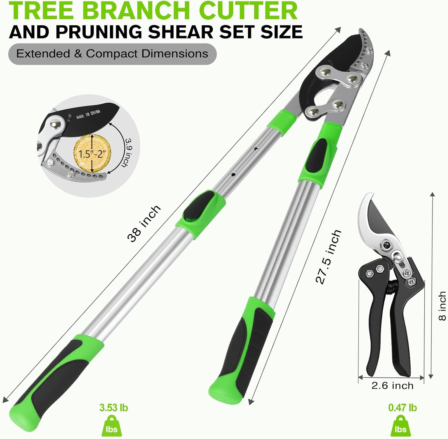 Loppers for Tree Trimming Heavy Duty 28-38" SK5 Steel Anvil Loppers With Extendable Aluminum Handle & Pruning Shears Set Tree Branch Cutter Up To 1.5-2"Diameter Trimmer Tools for Garden Yard Branches