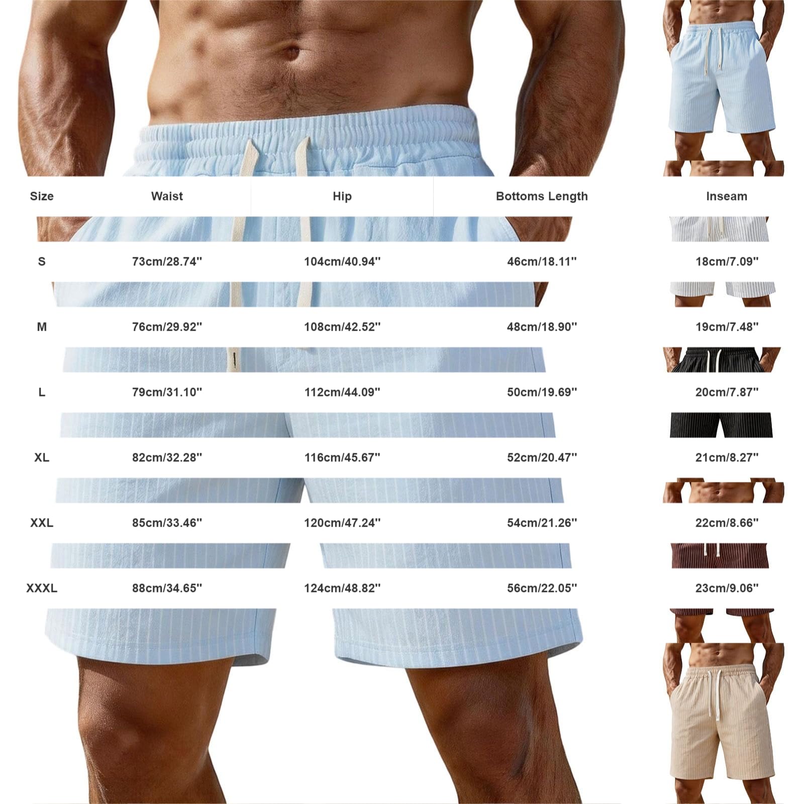 Short en lin pour homme - Rayures légères - Pantalon court en lin élastique