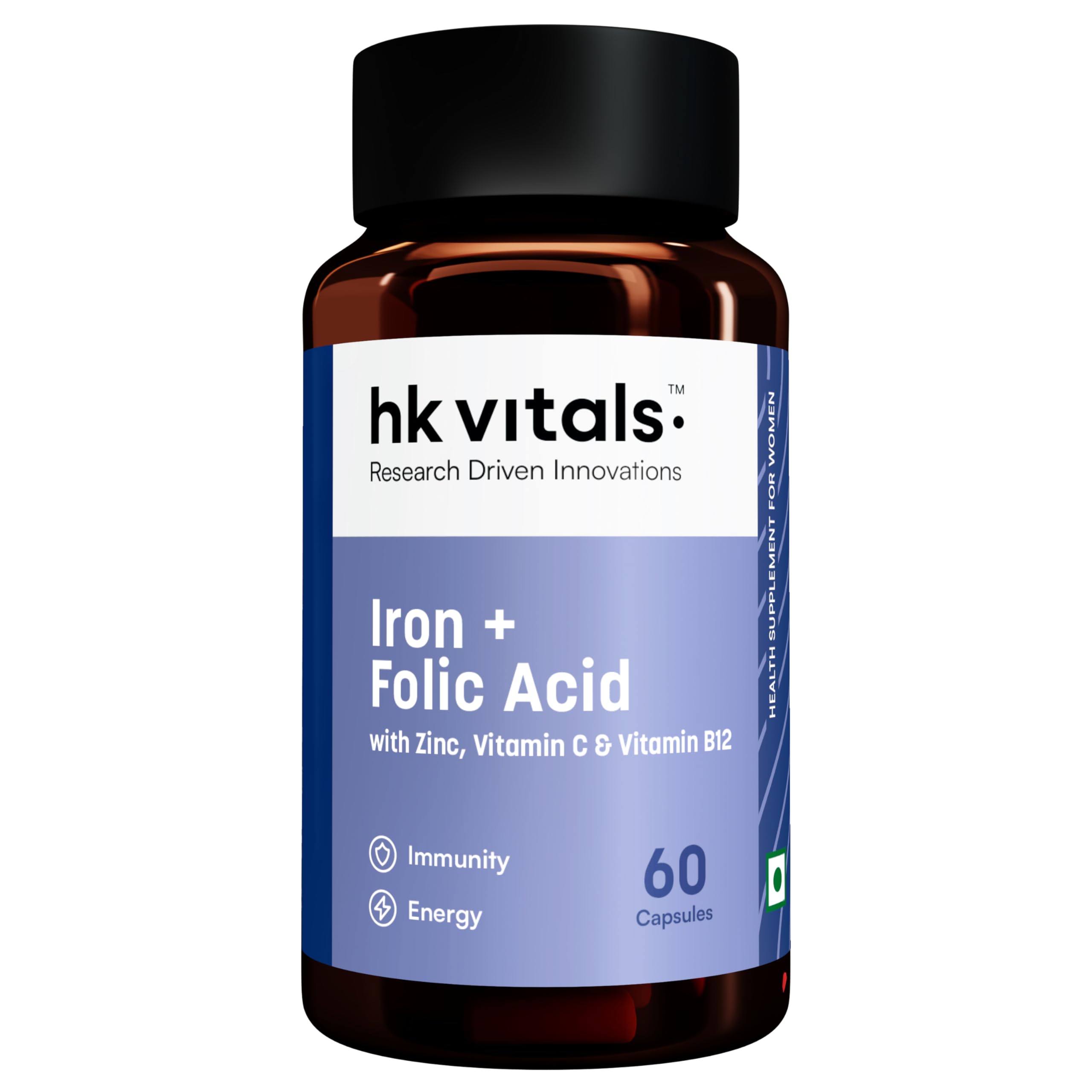 hk vitals Iron + Folic Acid Supplement (60 Capsules) | With Zinc, Vitamin C & Vitamin B12, Supports Blood Building | Immunity and Energy