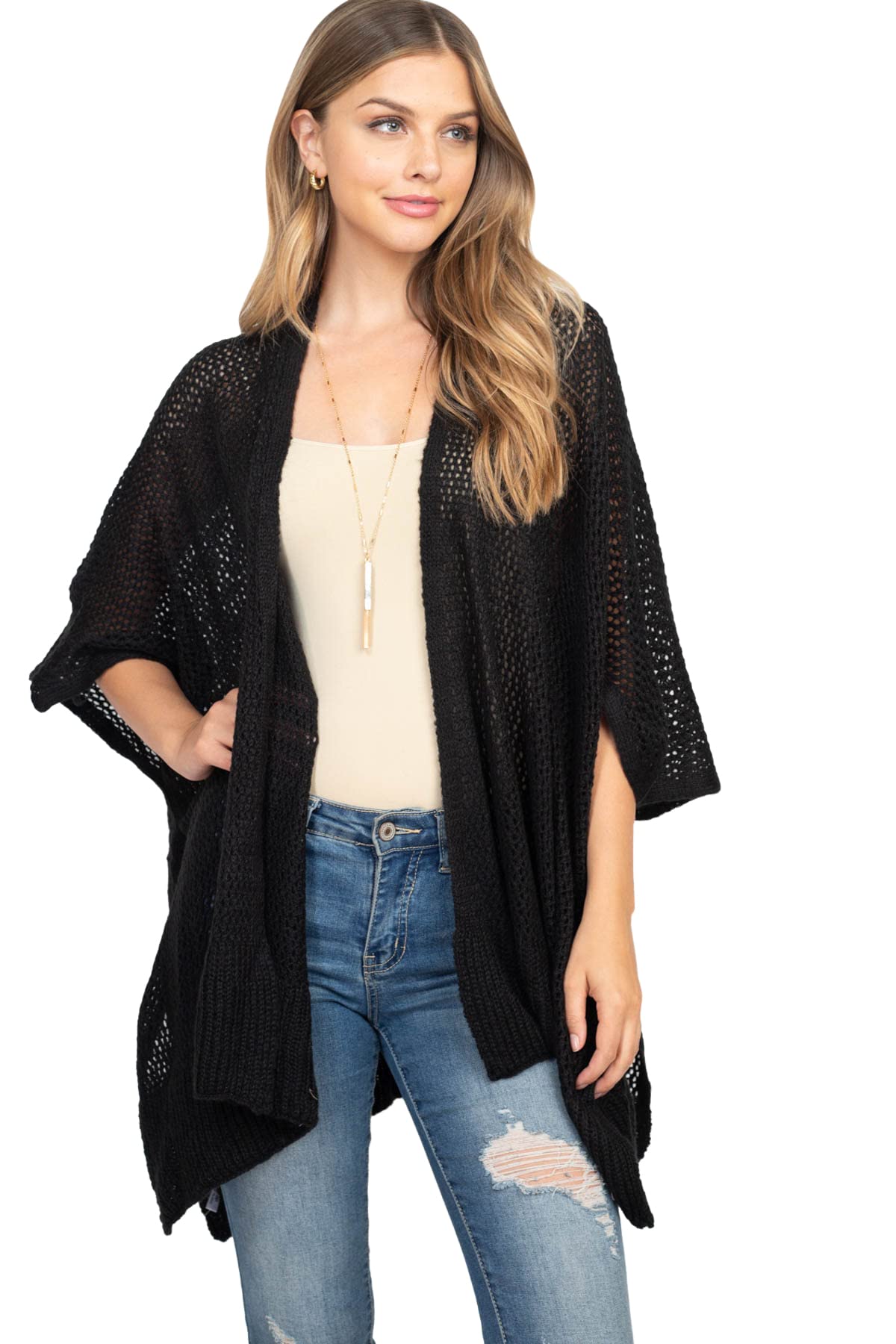RIAH FASHION Bohemian Sequin Glitter Shawl Wrap Poncho - Kimono Cardigan, Sparkly Metallic Mesh Scarf, Open Knit Crochet