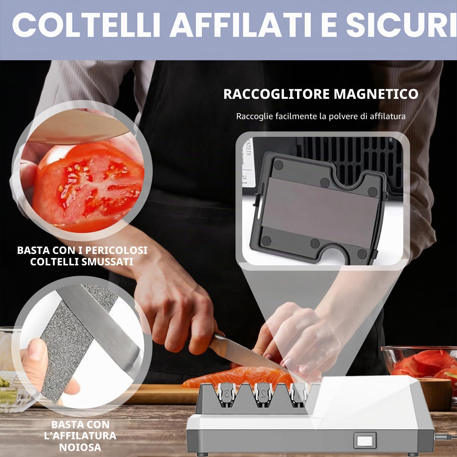 Affilacoltelli Elettrico Professionale, 3 Fasi con Abrasivi Diamantati, Affilatore per Tutti i Tipi di Coltelli
