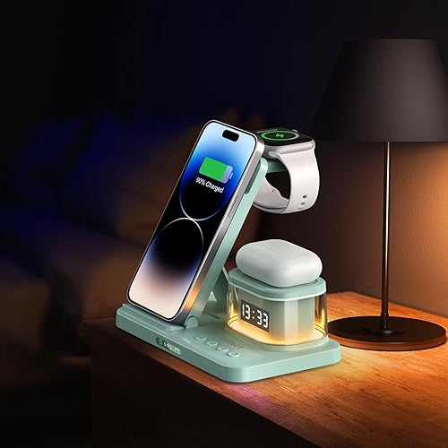 Miniatura 6 de Cargador rápido inalámbrico plegable 5 en 1 con reloj transparente de luz nocturna para dispositivos Apple para iPhone 16 15 14 13 12 11 Pro Max