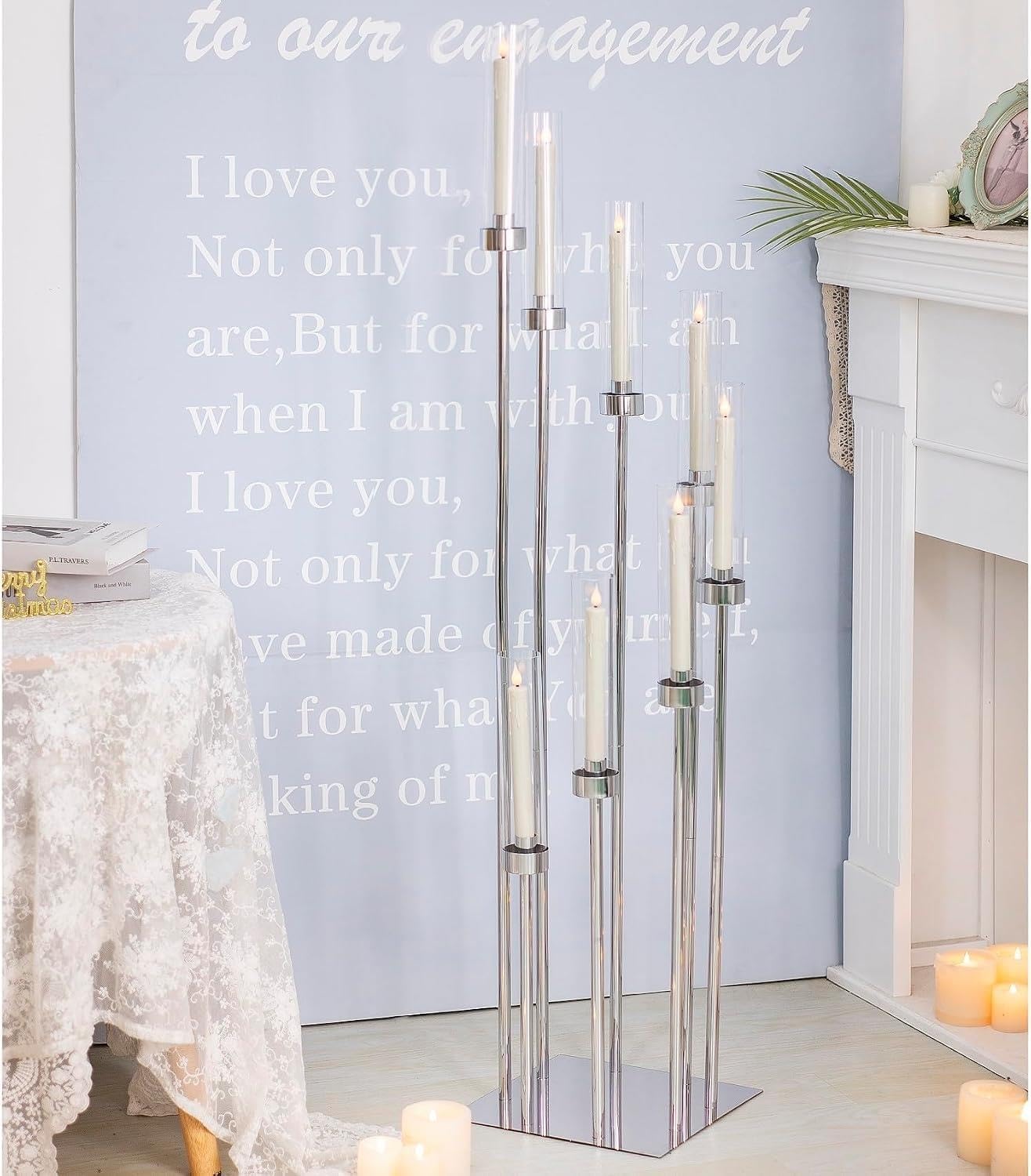 Portavelas De Pie con Pantalla Acrílica, Candelabro De Acrílico De 125 Cm De Altura para Velas LED Cónicas, Centro De Mesa para Bodas, Fiestas, Eventos, Recepciones Y Decoración del Hogar(Silver)