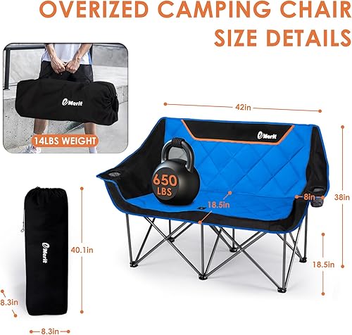 Miniatura 2 de EMERIT Silla de campamento doble acolchada de gran tamaño para adultos, sofá biplaza plegable resistente para exteriores, camping, playa, césped,