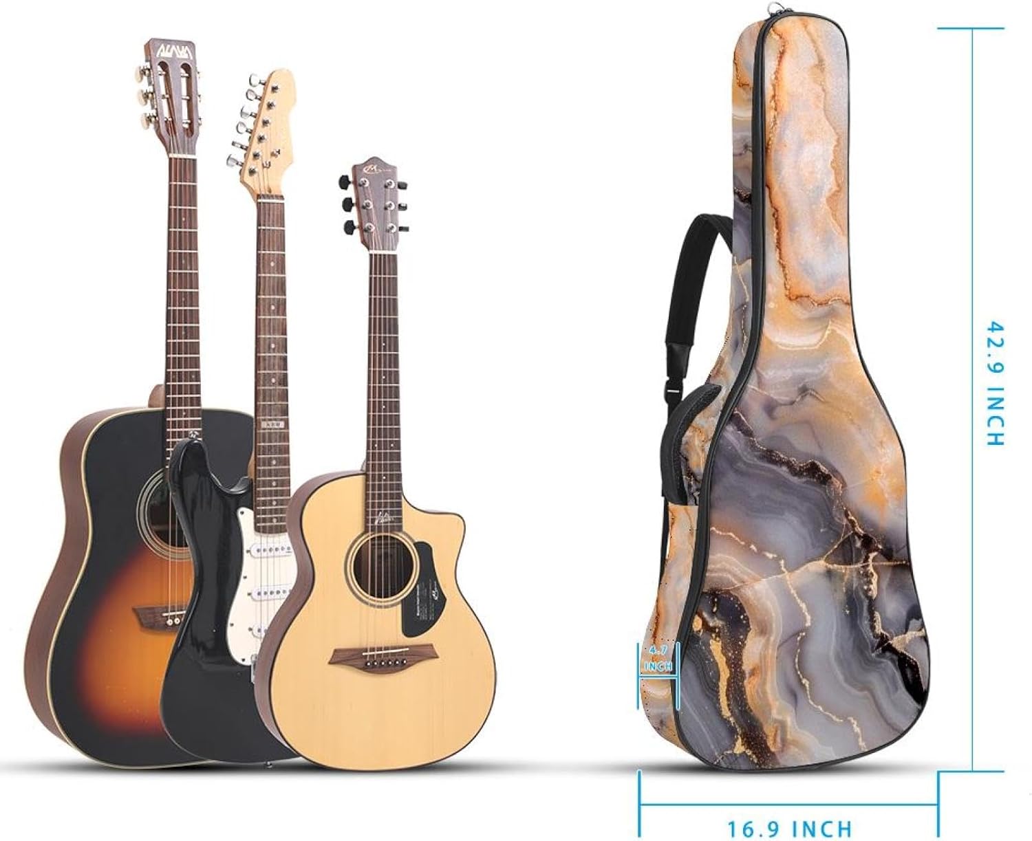 Retro Aesthetic Marble Guitar Bag 40 41 42 In 2 Pockets Guitar Case Waterproof Guitar Case Resistent Oxford Cloth 0.4 In Extra Thick Sponge Padded for Acoustic Guitar