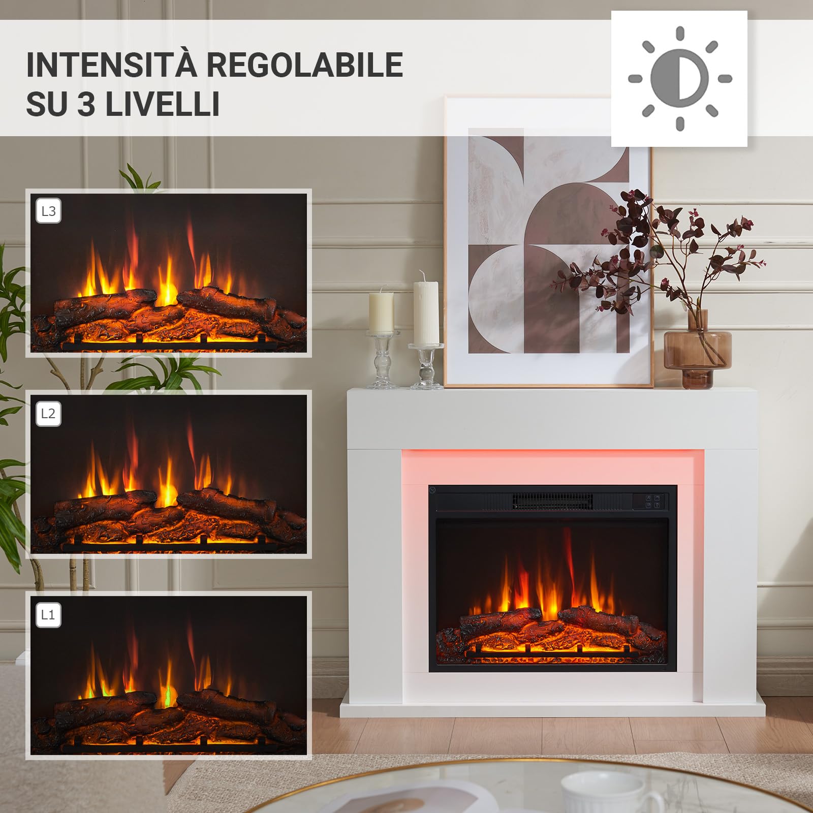 BALDERIA Finn Design Camino elettrico da terra, effetto fiamma 3D LED, riscaldamento