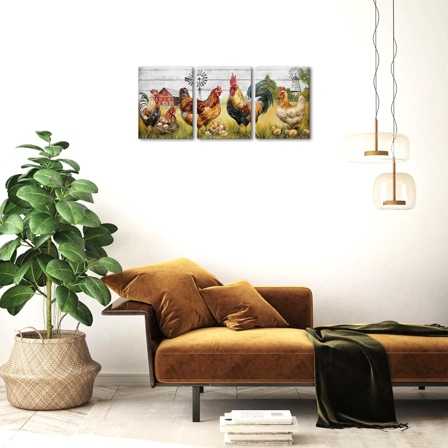 HOMEOART Farmhouse Wall Art Rooster Canvas Wall Art Farm Barn Chicken Pictures Wall Decor Prints Framed 12x16inchx3Pieces,Farmhouse Kitchen Living Room Decor