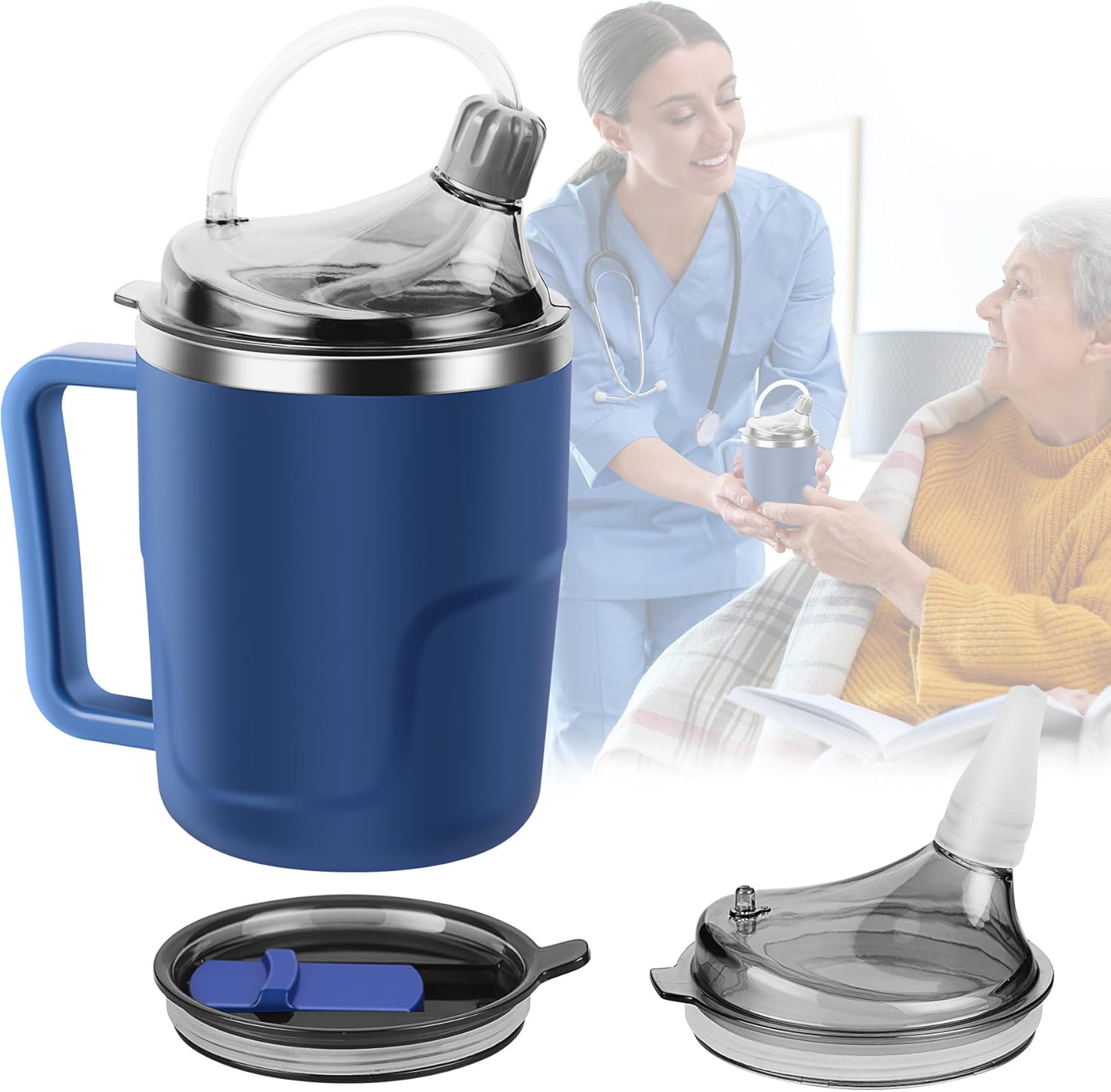 Adult Sippy Cup, 14oz Spill Proof Cup with Straw for Elderly, 3 in 1 Stainless Steel Sippy Cup with 2 Lids, No Spill Feeding Cups for Patient Disabled Maternity Drink Water Milk Soup - Blue