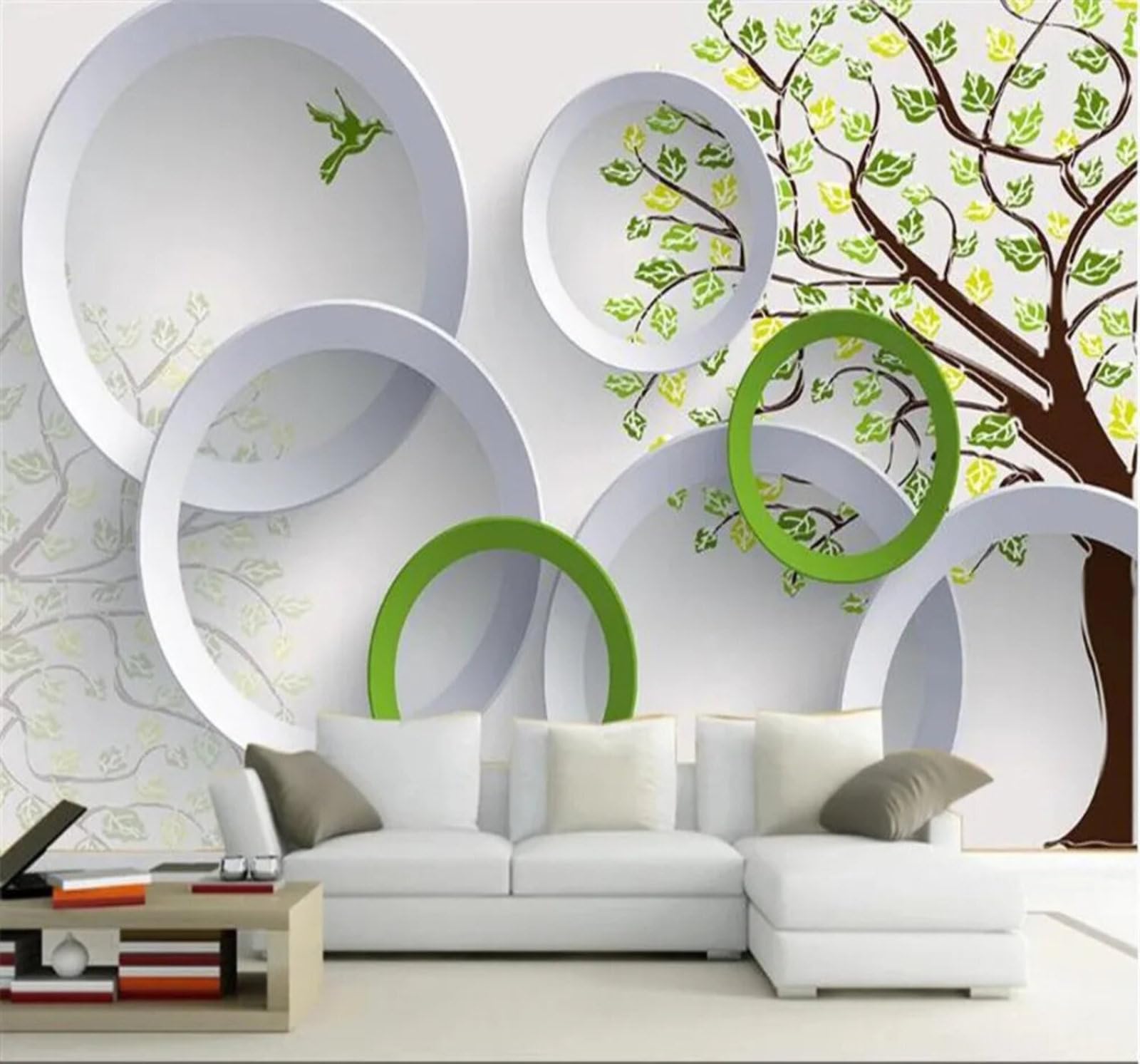 Tzxztt Creative Geometric Circular Green Trees Modern 3D Wallpaper Premium Textured Silk Neutral Tones Material Ideal for Living Room Bedroom-400cm×280cm