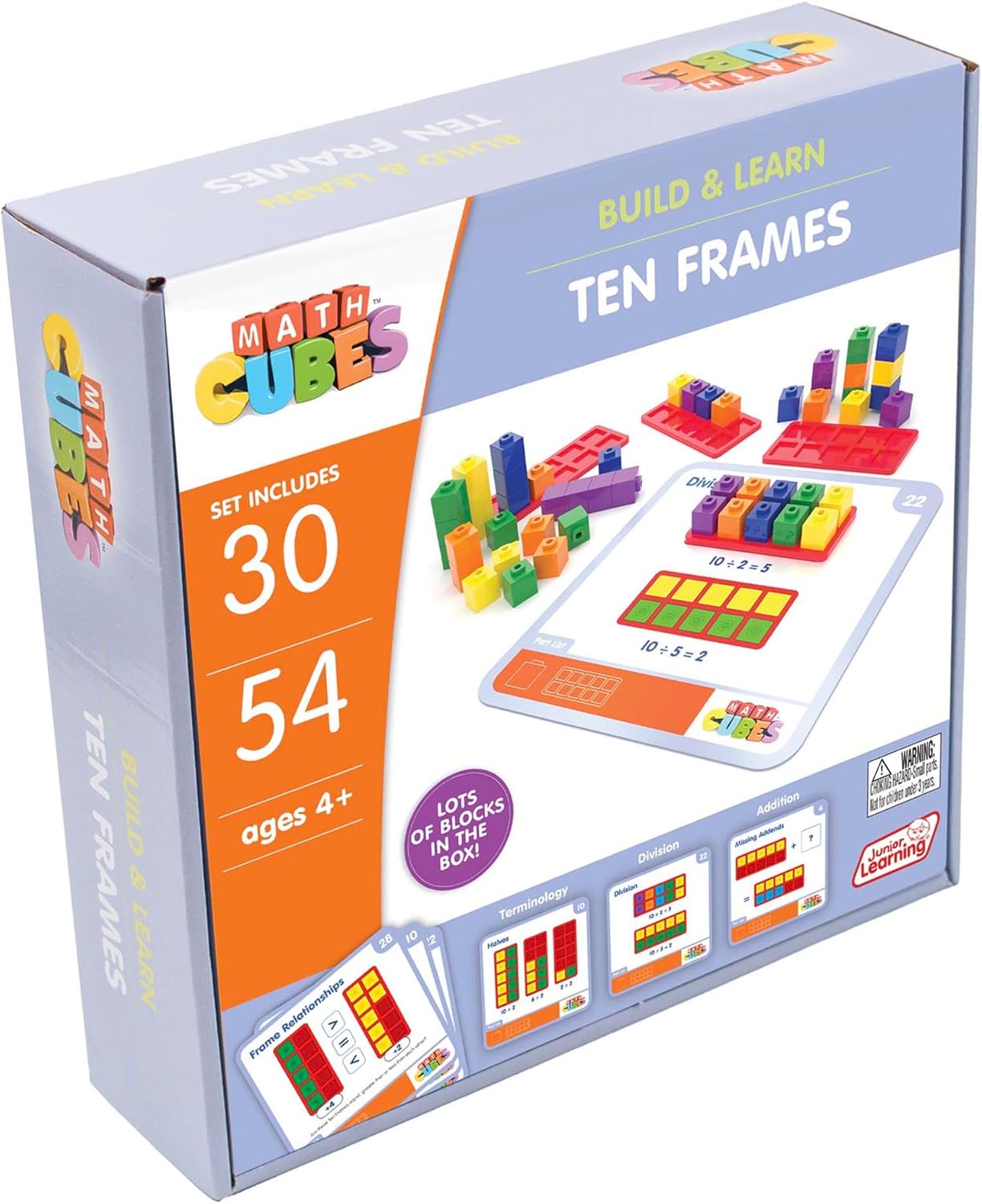 Junior Learning: Mathcubes - Ten Frames - 30 Activity Set, Build & Learn, Blocks & Boards Hands On Math, Developmental & Education Set, Kids Ages 4+