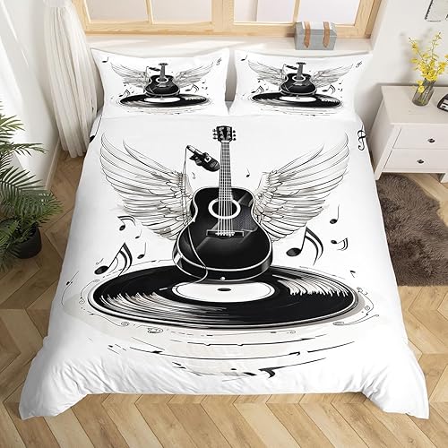 Juego de funda de edredón de guitarra eléctrica, tamaño matrimonial, juego de ropa de cama con notas musicales de rock, disco de vinilo, decoración