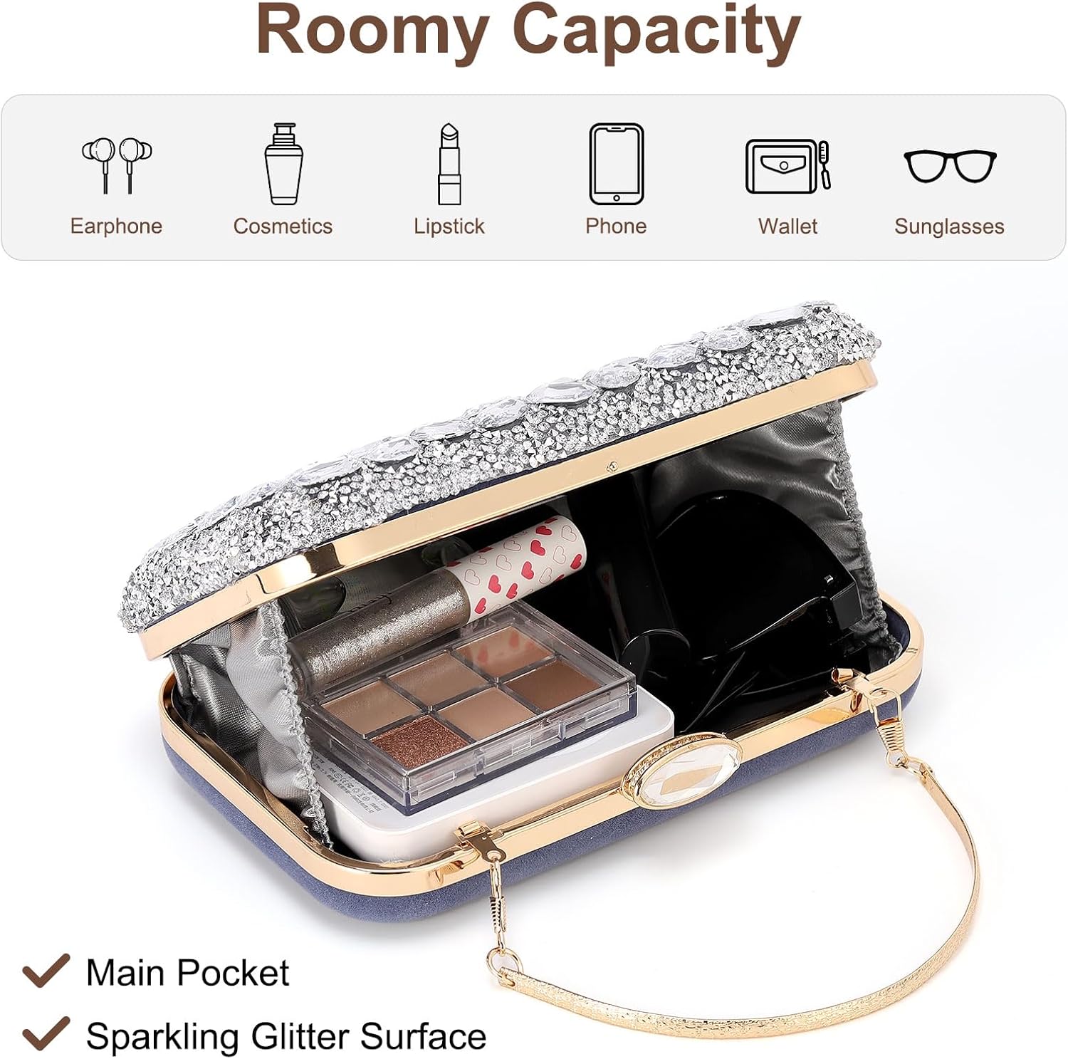 Evening Bags Clutch Purses for Women Formal, Gemstone Handbag Crystal Rhinestone Crossbody Square Bag with Chain Shoulder Bag Sparkly for Wedding Guest Party Silver - Image 5