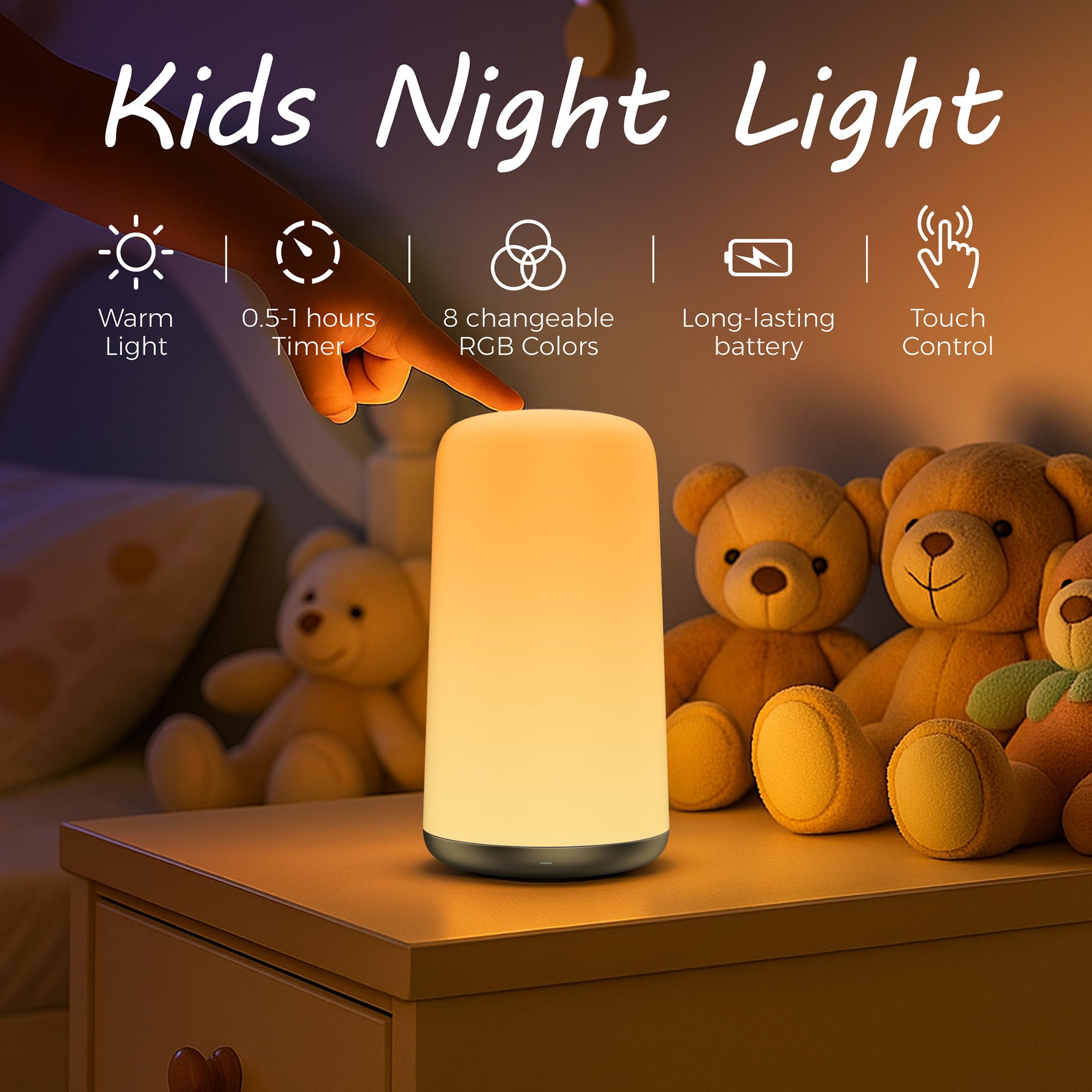 Nachtlicht für Kinder, tragbares Baby-Nachtlicht, 5 Farbtemperaturen und stufenloses Dimmen, 8 RGB-Farben, wiederaufladbares Kinderzimmer-Nachtlicht, Schlafhilfe, Touch-Lampe mit 2 Timern