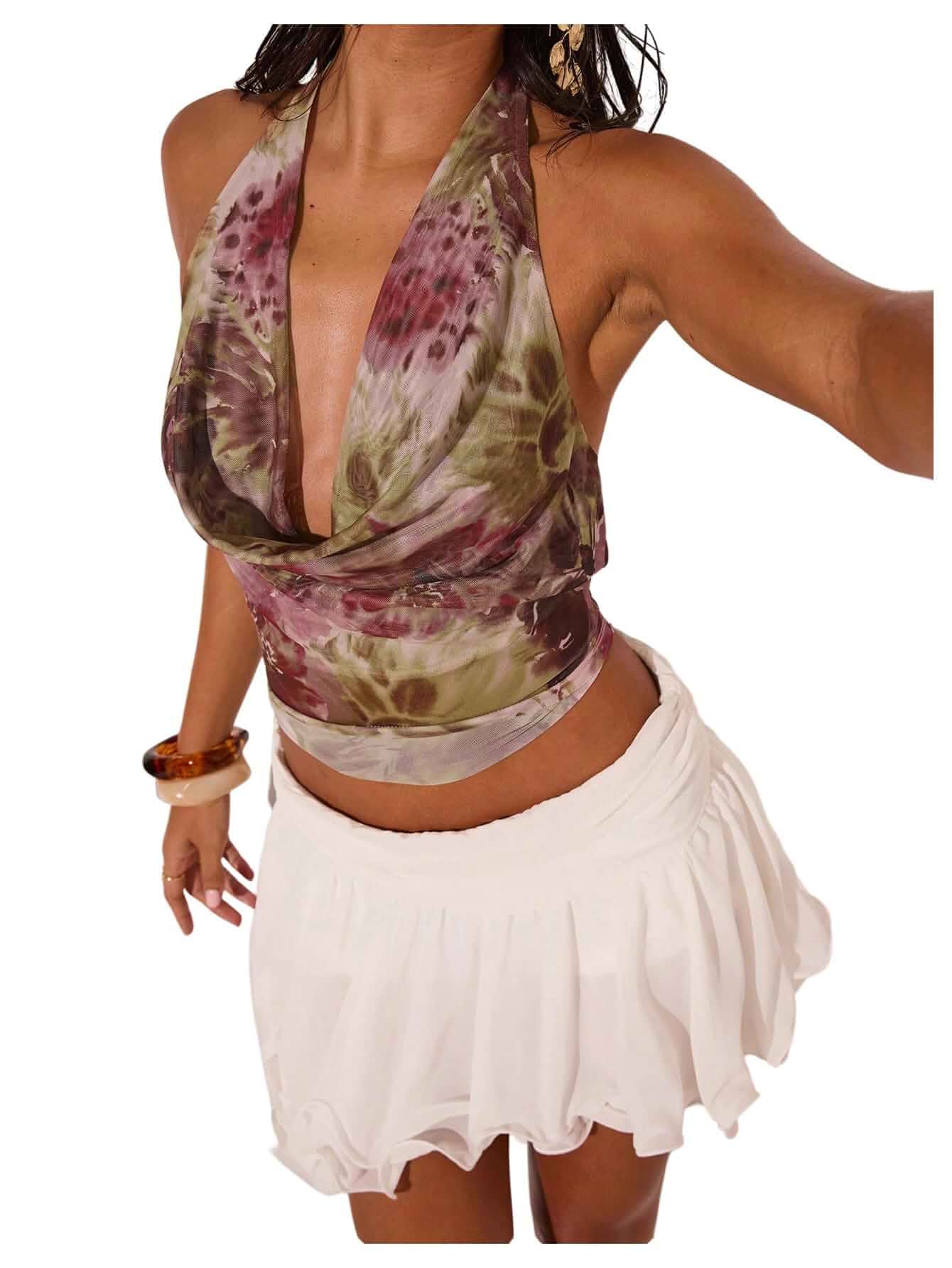 MakeMeChic Women's Y2k Sheer Mesh Halter Tops Cowl Neck Backless Tops Sleeveless, Low Cut, Clubbing, Music Festival, Country Concert Outfits, Going Out Top