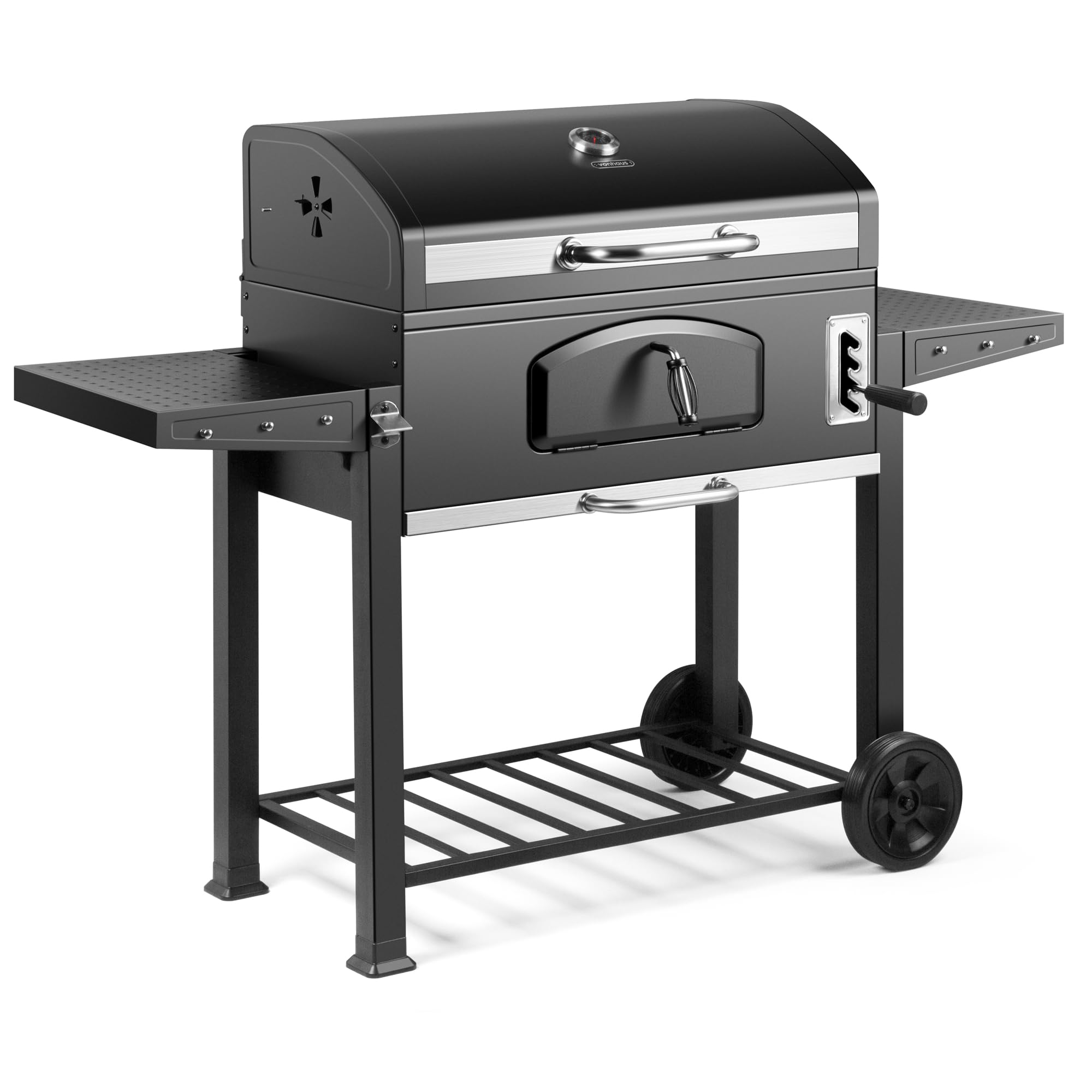 VonHaus Charcoal BBQ – XXL Portable Barbecue with Warming Rack, Fold Down Shelves, Temperature Gauge, Wheels, Cooking Grill, Air Vents – 2 in 1 Barbeque and Smoker – Grill Meat, Fish & Vegetables