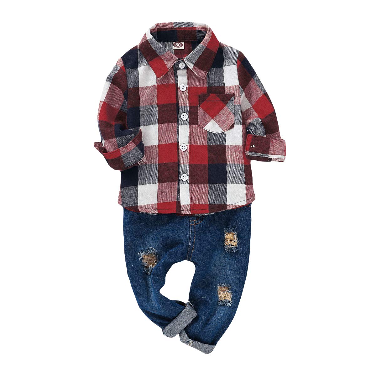 MAMAMI2Pcs Baby Boys Girls Toddler Kids Red Plaid Flannel Shirt Elastic Waist Ripped Holes Soft Jeans Outfit Set