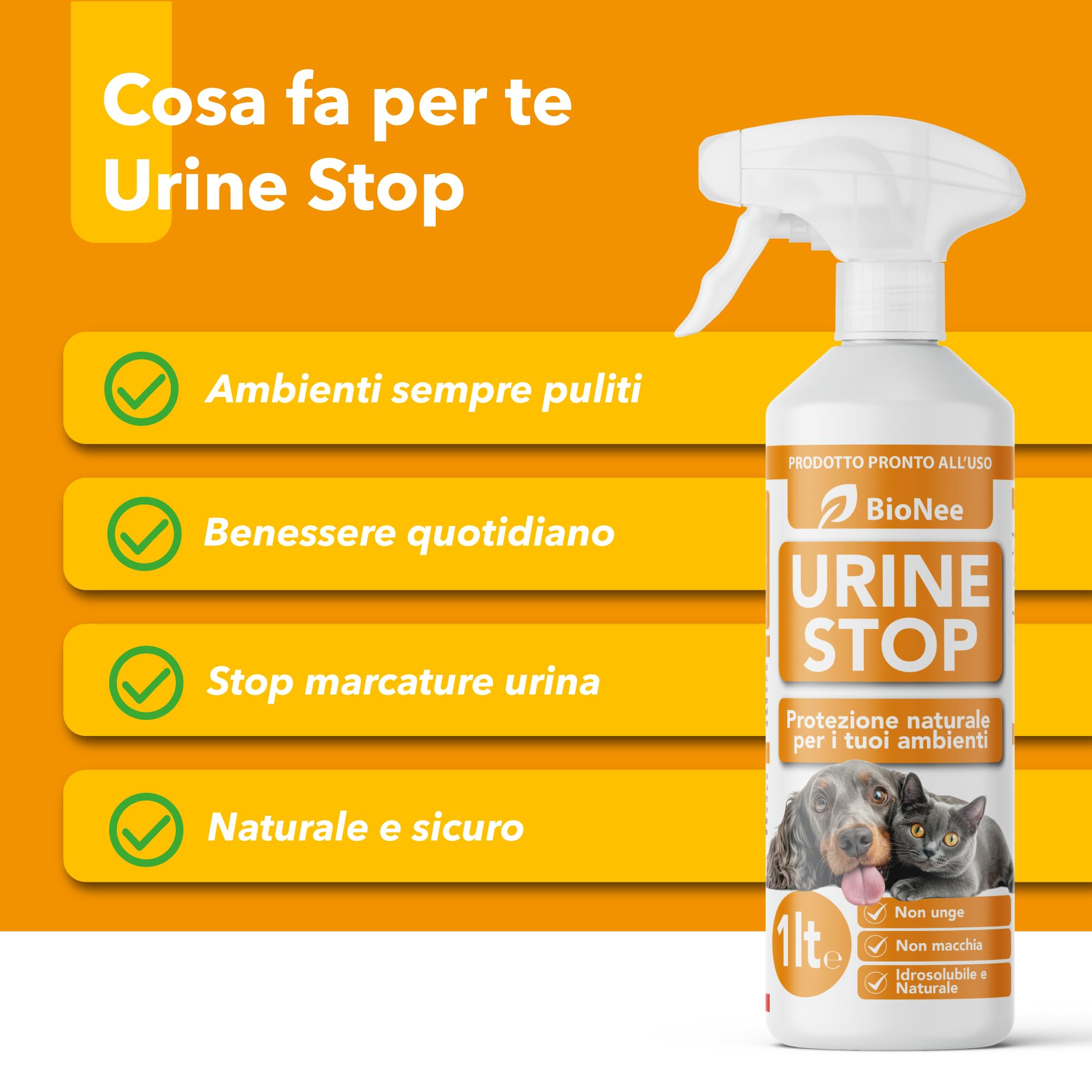 Bionee Urine Stop Spray Naturel pour Chiens et Chats 1L - Double action : Dishabituant aux Agrumes + Élimine les odeurs - Prêt à l'emploi, pas de taches, sûr pour les environnements intérieurs et
