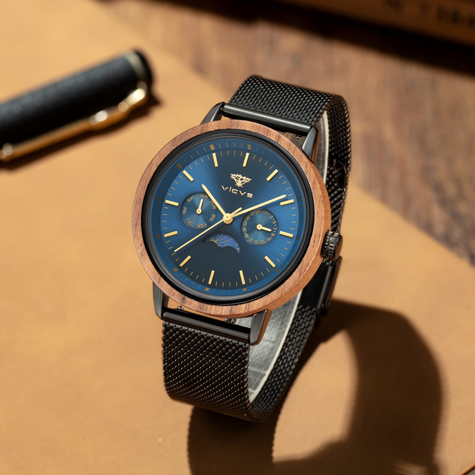 Orologio da uomo in legno L'orologio è realizzato in legno e acciaio inossidabile con un orologio in legno con fasi lunari e data che è sia casual che sportivo