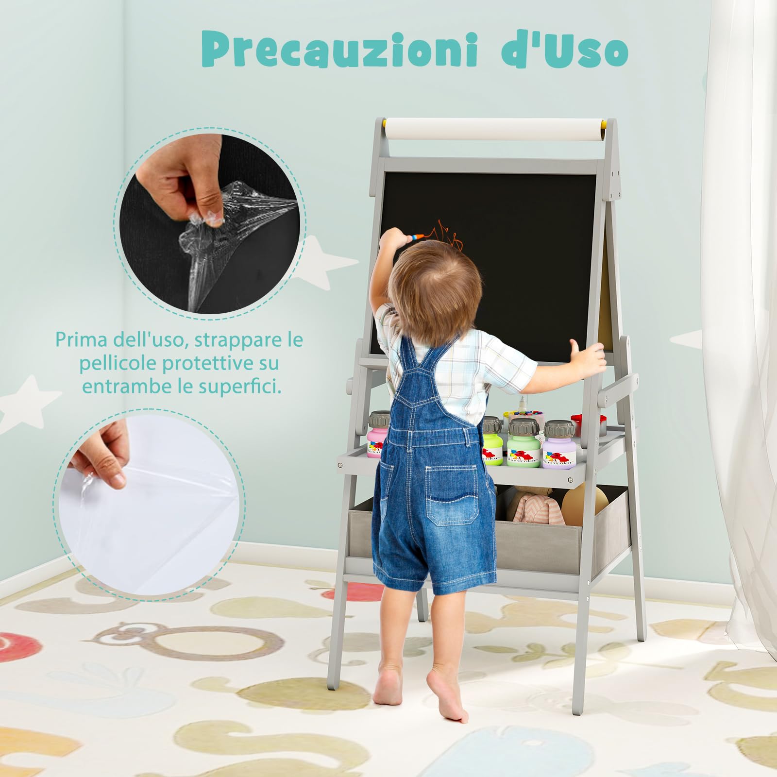 RELAX4LIFE 3 in 1 Lavagna per Bambini, Cavalletto con Doppia Faccia Magnetica e Lavagna Bianca, Rotolo di Carta, Scaffale Doppio e 2 Cesto in Tessuto Pieghevole, 3 Tazze, per 3+ Anni
