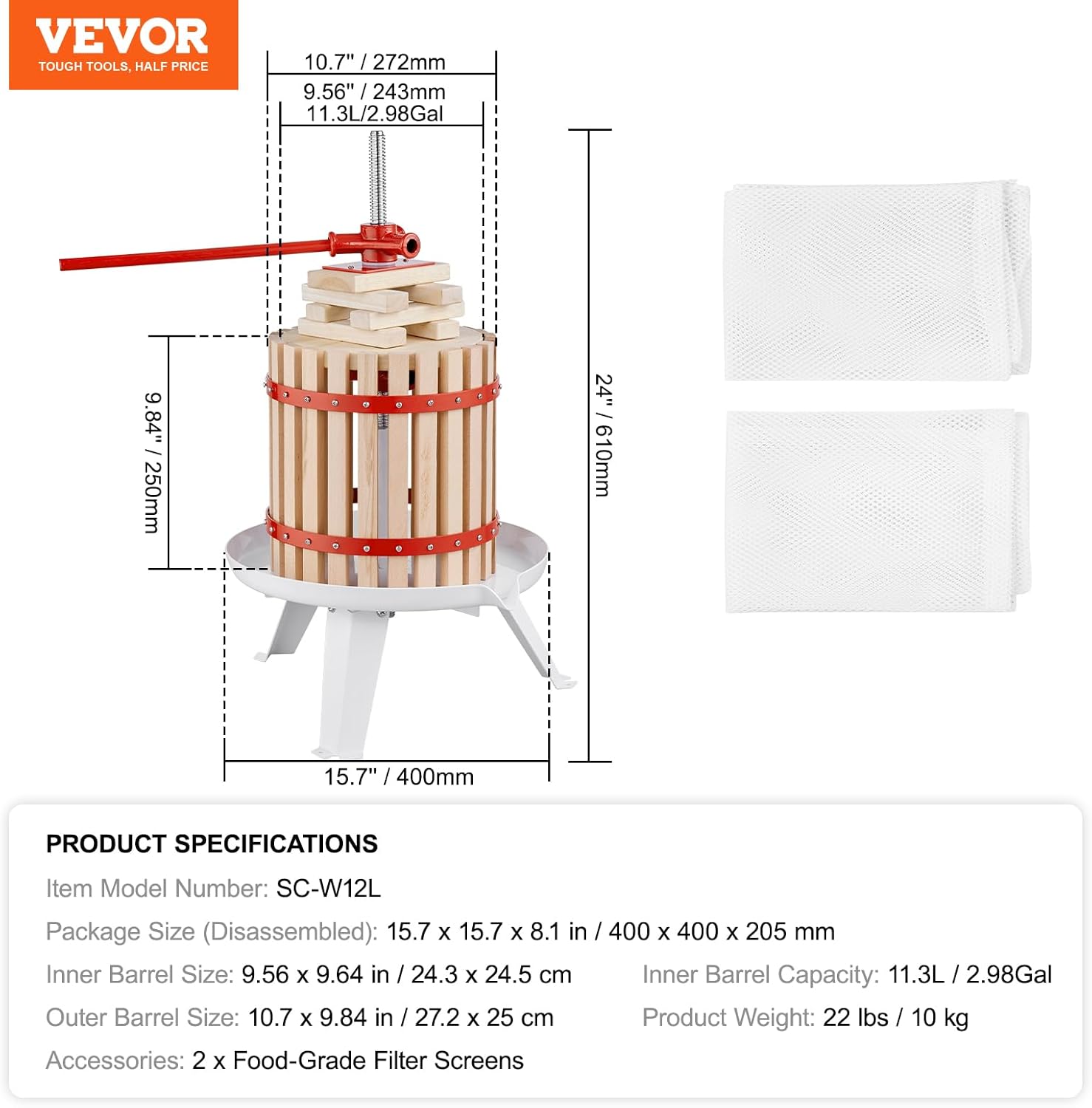 VEVOR Fruit Wine Press, 3.2 Gallon/12L, Solid Wood Basket with 6 Blocks, Manual Juice Maker, Cider Apple Grape Tincture Vegetables Honey Olive Oil Making Press with Pole Handle Bar for Kitchen, Home