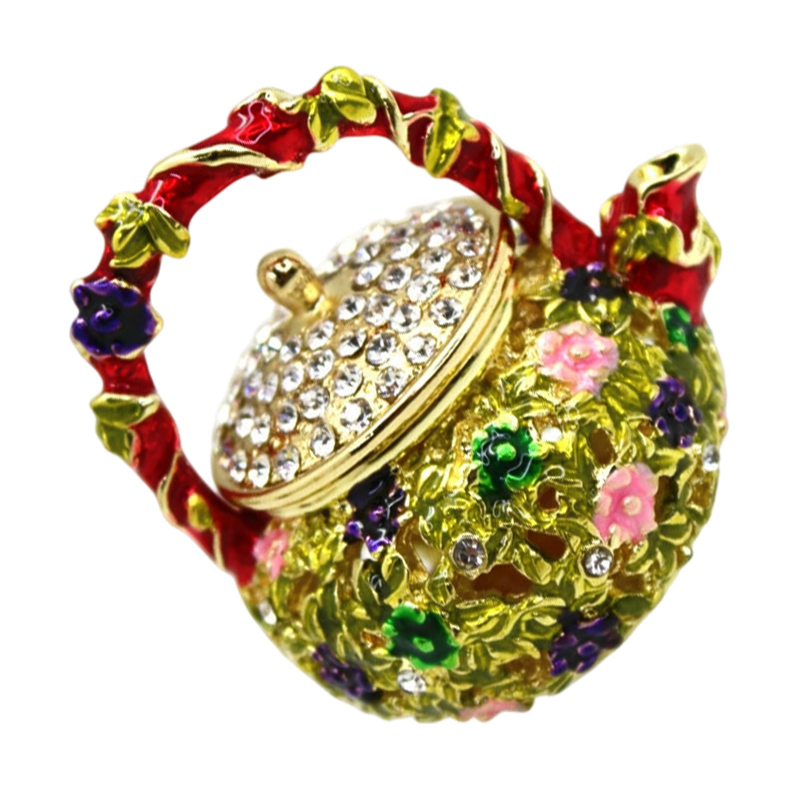 Zeiwohndc Red Antique Teapot Shape Jewelry Box Craft Of Alloy With Enameled Painting For Collectors Coating Craft Box