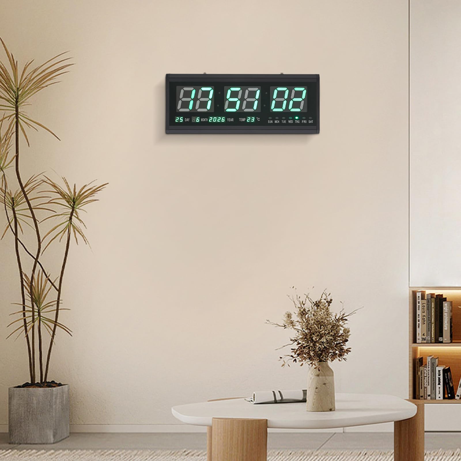 Orologio da parete digitale con visualizzazione della temperatura e della data; orologio da parete a LED, grande con display verde ed elegante cornice in plastica; utilizzabile da tavolo o da