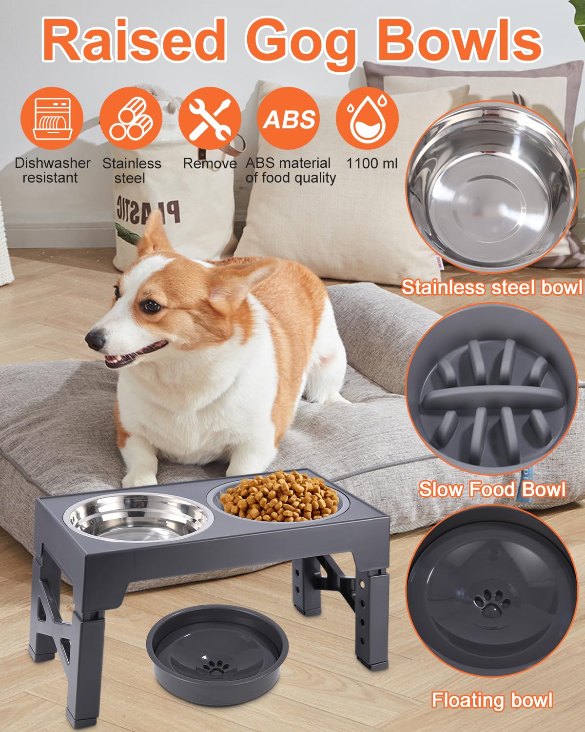 TIDEVAN Ciotole Rialzate per Cani Ciotola per Cani Rialzata Ciotole Regolabili in Altezza 4 Supporti Altezza con Ciotola per Alimentazione Lenta e Ciotola Galleggiante e Acciaio Inossidabile (Grigio)