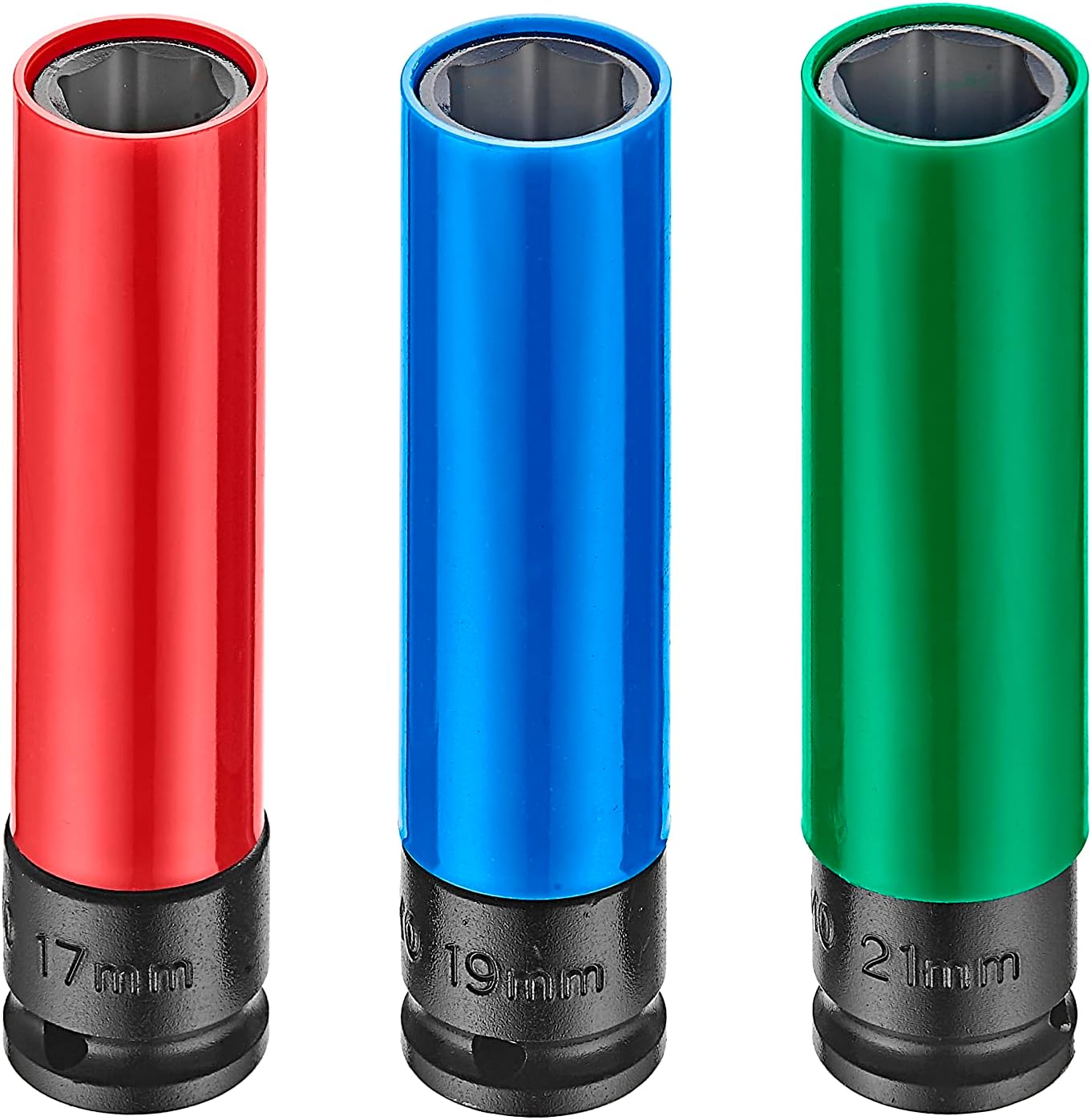 1/2 Inch Drive Wheel Nut Impact Socket Set-3PCS, Extra Long Non Marring Impact Lug Nut Socket- Thin Walled 6-Point Mertic 17MM-19MM -21MM