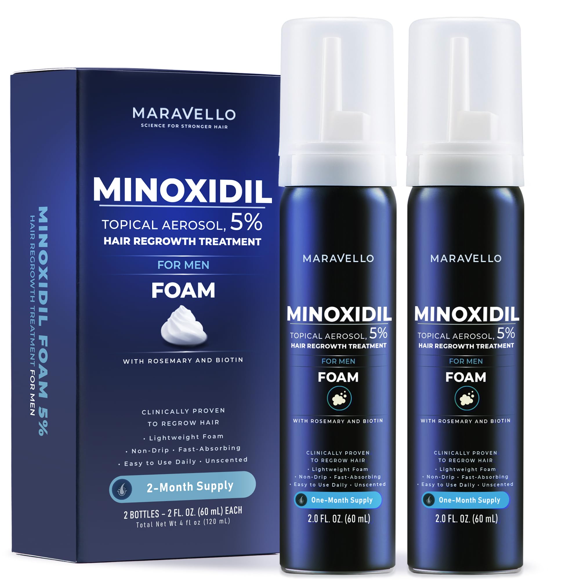 5% Minoxidil Foam for Men, Hair Regrowth Treatment for the Top of the Scalp, Topical Aerosol with Rosemary, Biotin & Caffeine, 2 Bottles - 2 fl oz Each (2-Month Supply) 2 Fl Oz (Pack of 2)