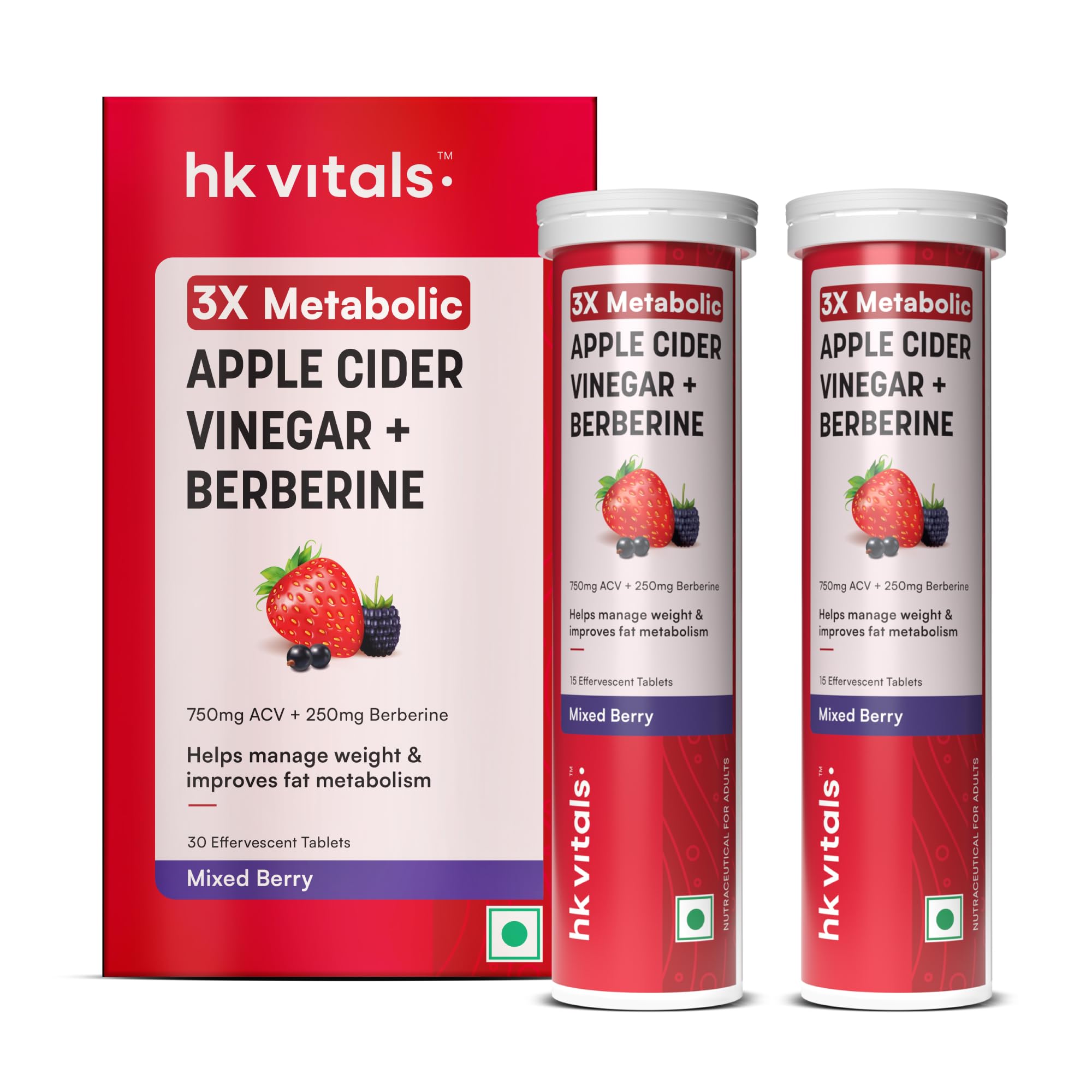 hk vitals Apple Cider Vinegar 750mg + Berberine 250mg, 30 Effervescent | 3x Metabolic Mixed Berry Flavour Tablets