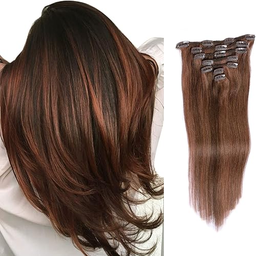 Clip in Hair Extensions Human Hair Medium Brown with Medium Auburn Full Head Straight Real Hair Extensions Clip in 70grams 7pcs for Women(#4/30, 15 Inch)