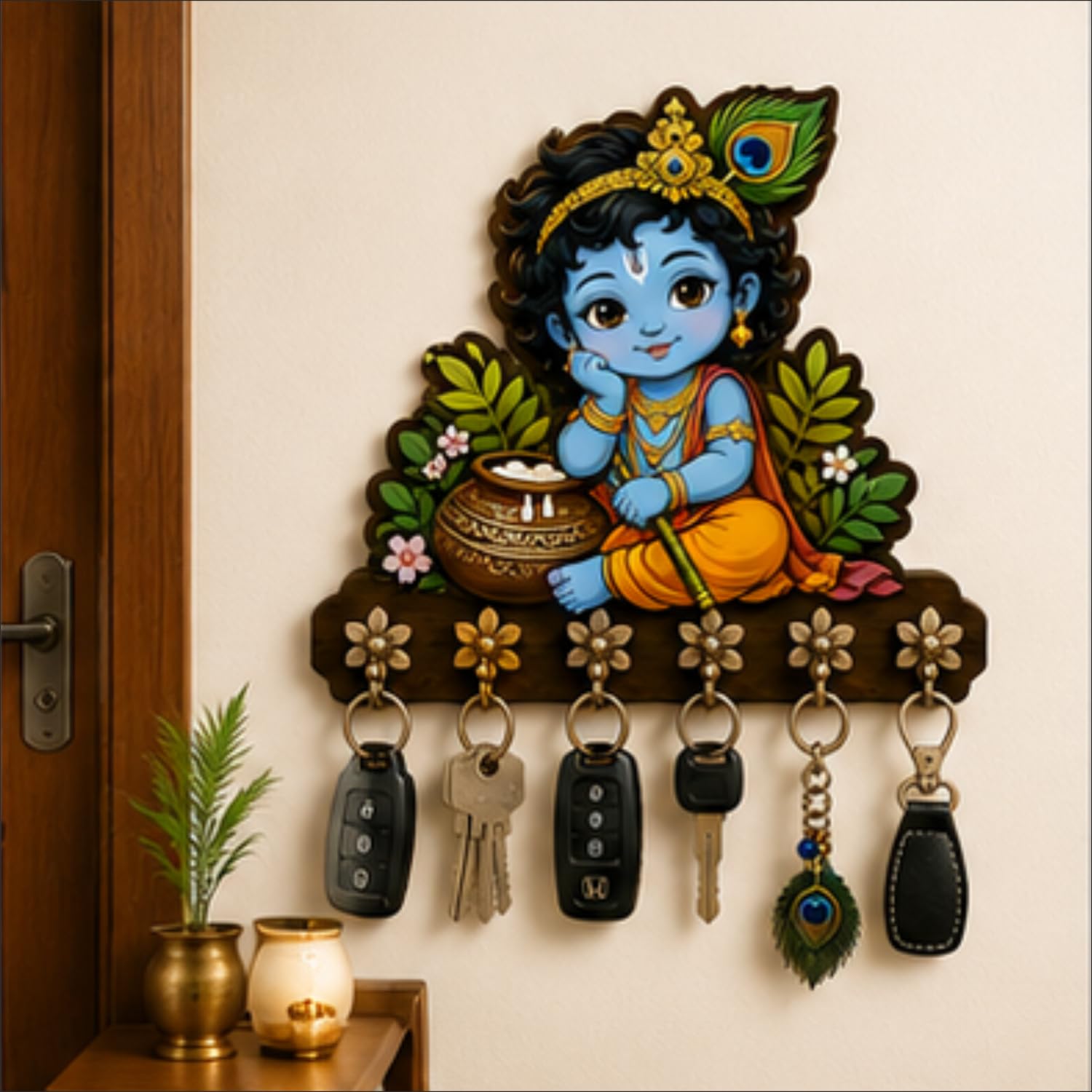 Premium Baby Cute Krishna Key Holder for Home/Office Decor/Key Hanger for Wall Decor,Decorative Item for Home Handcrafted Krishna Wooden Key Holder 6 Hooks, Floral Pattern (10x10 inch)-image-7