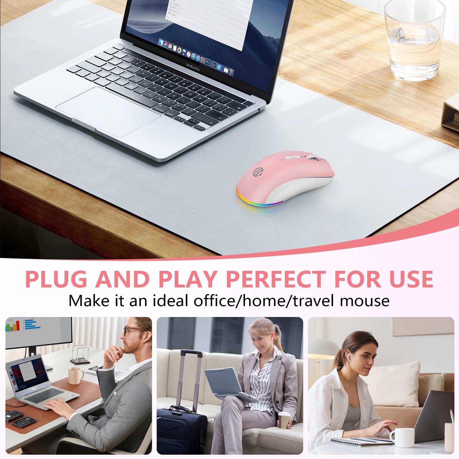 Ratón Bluetooth inalámbrico, ratón óptico USB recargable, 3 DPI ajustables, LED silencioso modo dual (Bluetooth 5.2 y 2.4G) Ratón inalámbrico para Mac, portátil, PC, Android, Windows (rosa)