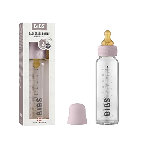 BIBS Biberón de cristal para bebé. Anti-cólico. Pezón redondo de látex de caucho natural. Soporta lactancia materna, juego completo - 7.6 fl oz,