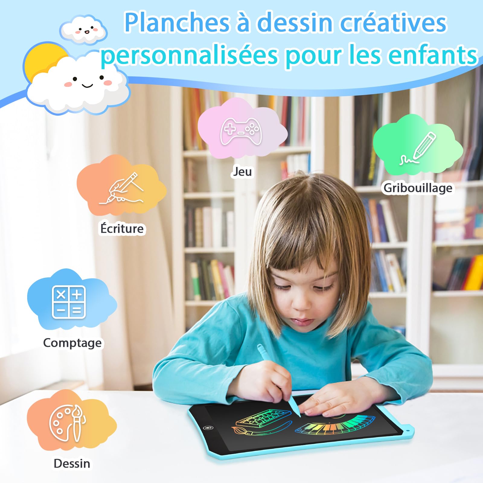 BlueSwan Tablette Magique Enfant 10 Pouces LCD, Jouet Voyage Avion Voiture, Cadeau Rentrée Anniversaire Noël (Bleu+Rose)
