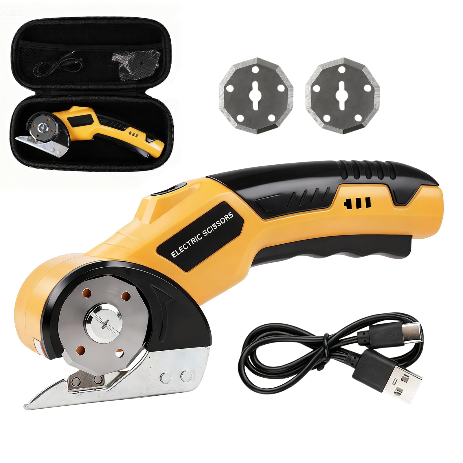 Risegun Cordless Electric Scissors with Safety Lock, Rechargeable Electric Box Cutter, Handheld Cardboard Cutter with LED Light & Replacement Blade for Fabric, Leather, Cardboard, Carpet