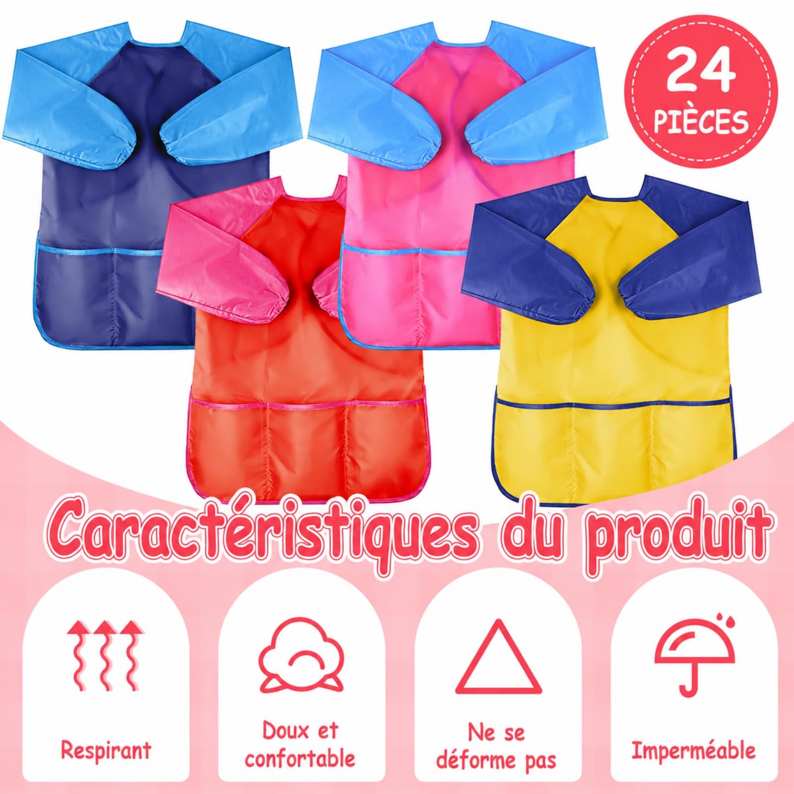 Lot de 24 Tabliers Enfant Peinture avec Manches Longues, Tablier Imperméable pour Enfants 3-8 Ans, Blouse de Peinture avec 3 Poches pour Activité Manuelle, Cuisine, École, Taille M