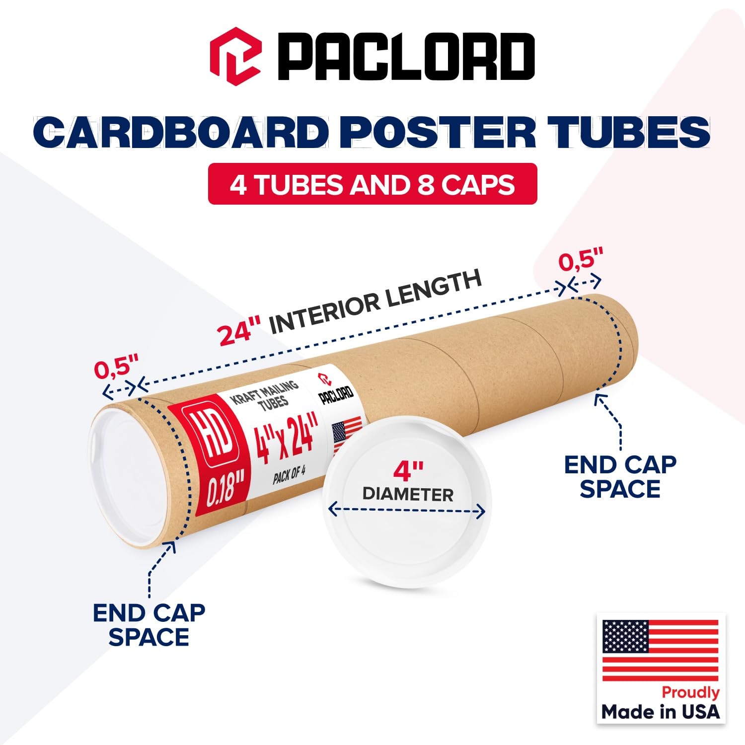 Tubo de cartón reforzado de alta resistencia de 4 x 24 pulgadas, paquete de 4 tubos con 8 tapas, aprobado por USPS seguro, ideal para envío y almacenamiento de impresiones, obras de arte