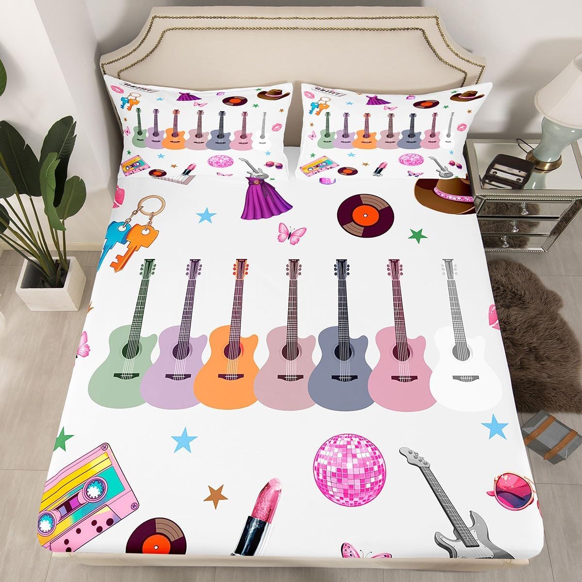 jejeloiu Girls Singer Bed Sheets Pink Music Guitar Bedding Set Twin Size Glitter Fashion Women Bed Cover Room Decor Lightweight Deep Pocket Fitted Sheet with 1 Pillow Case (No Top Sheet)