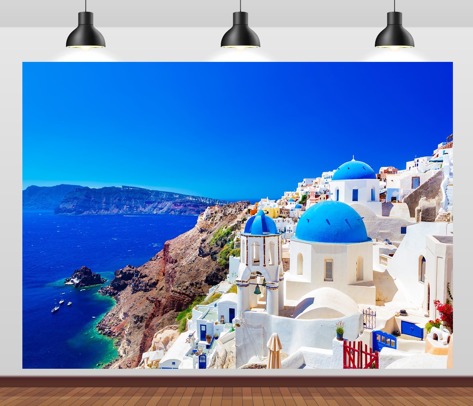 10x6.5ft Stoff Griechenland Fotohintergrund Santorini Insel Oia Dorf Hintergrund Griechenland Fotografie Hintergrund für Griechenland Mottoparty Banner Mamma Mia Geburtstagsdekoration