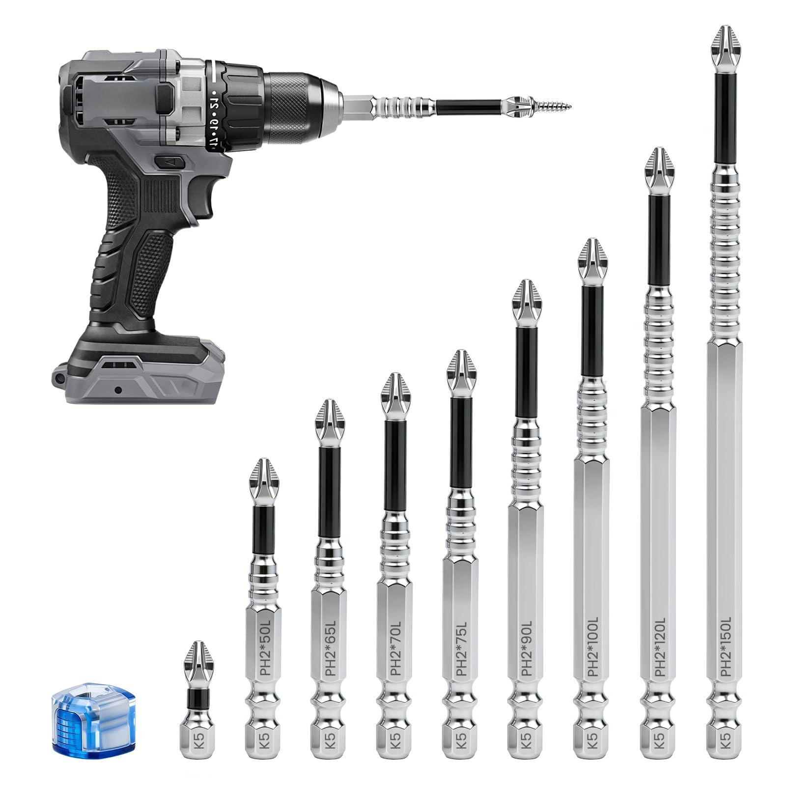 YIMETOP High-Magnetic Screwdriver Drill Bit Set, 9 Pcs Anti-Slip Impact Bits with Magnetiser, Durable and Precision Screwdriver Bits Kit, Compatible with Electric Drill and Driver Tools