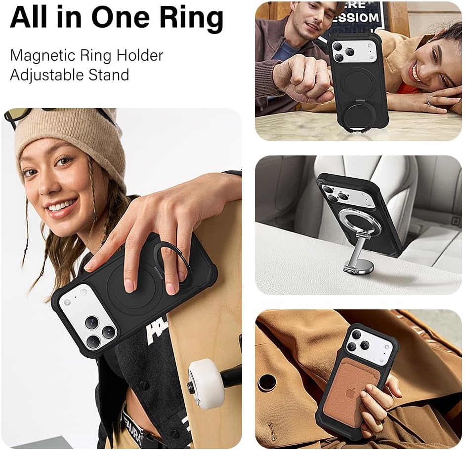 CHAOFEnG Designed for iPhone 17 Pro Case with Magnetic Stand [Military Drop Protection][Compatible with Magnet] Shockproof 17 Pro Phone Case with Ring Holder, Black