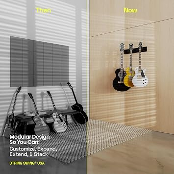 String Swing Guitar Wall Rack, Multiple Guitar Wall Mount, Guitar Organizer for Acoustic & Electric Guitars, 3 Padded Arm Hangers & Black Slatwall Rail, Wall Mount Guitar Rack - MADE IN USA