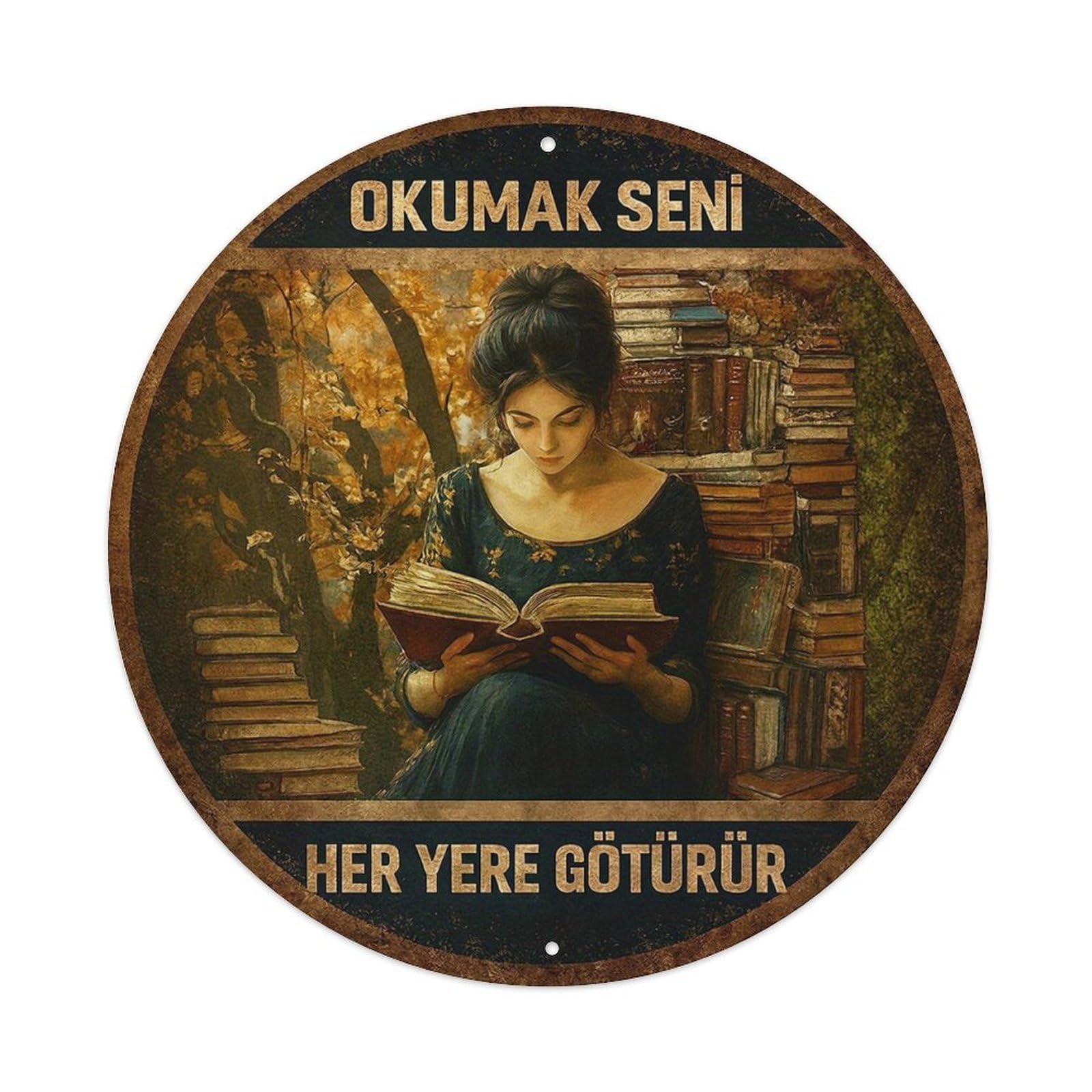 Reading Woman Books Forest Path Round Metal Tin Sign Vintage Wall Decor, Bar Garage Cafe Kitchen Home Wall Art Poster 8x8inches