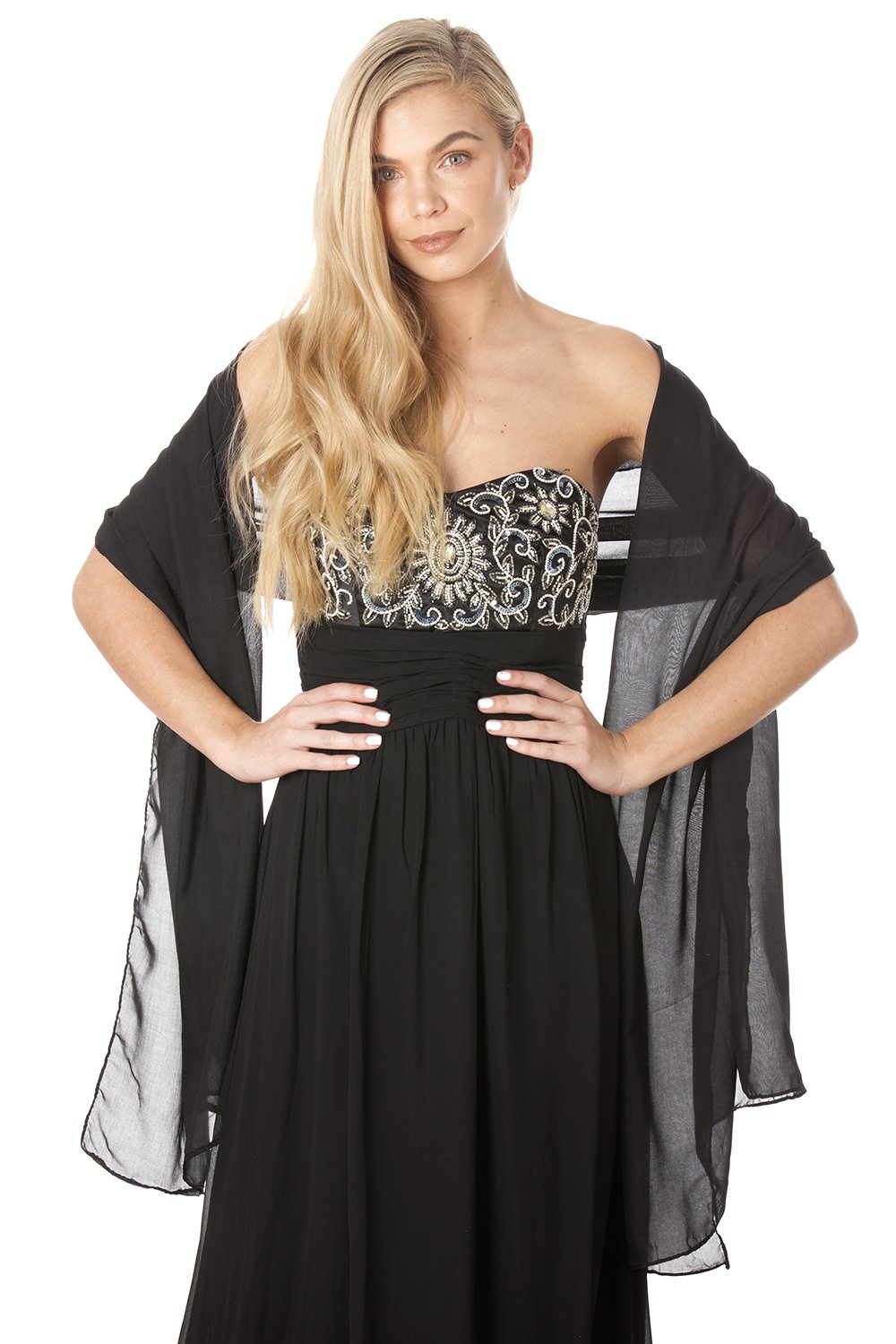 Central Chic Women's Black Silky Chiffon Wedding Shawl Stole Scarf For Brides Bridal Bridesmaids Evenings Balls (Black)