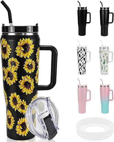 AiHeart Vaso de 50 onzas con asa, acero inoxidable de doble pared aislado al vacío, taza de viaje con dos tapas y popote, vaso de café con posavasos