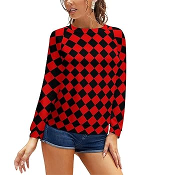 FULAOER Red And Black Checkered Women's Casual Raglan Crew
