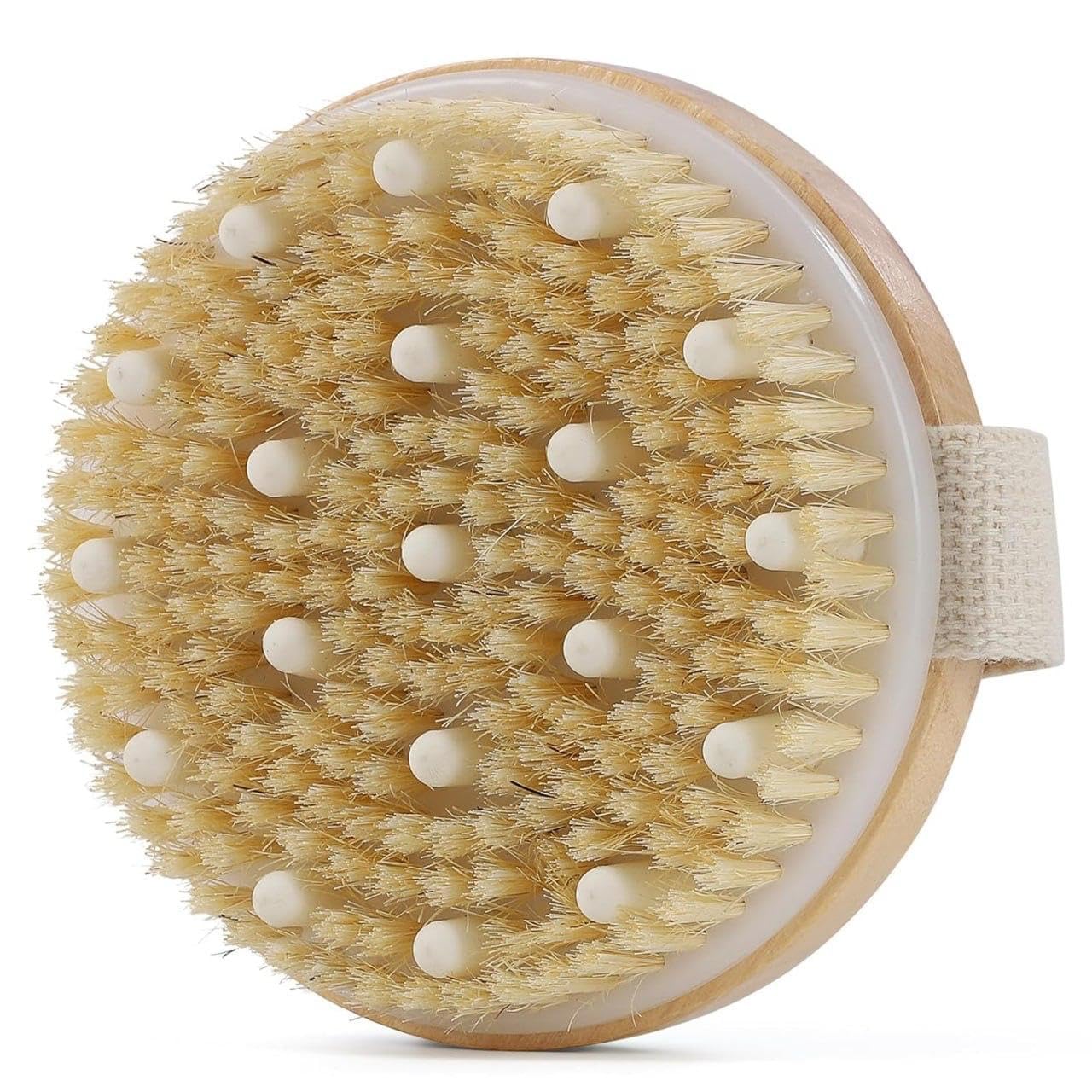 Wooden Round Bath Brush | Body Scrubber with Massaging Nodes | Dry & Wet Body Brush for Exfoliation | Handheld Shower Brush with Grip Strap for Bath, Spa & Personal Care (1 Piece)-image-35