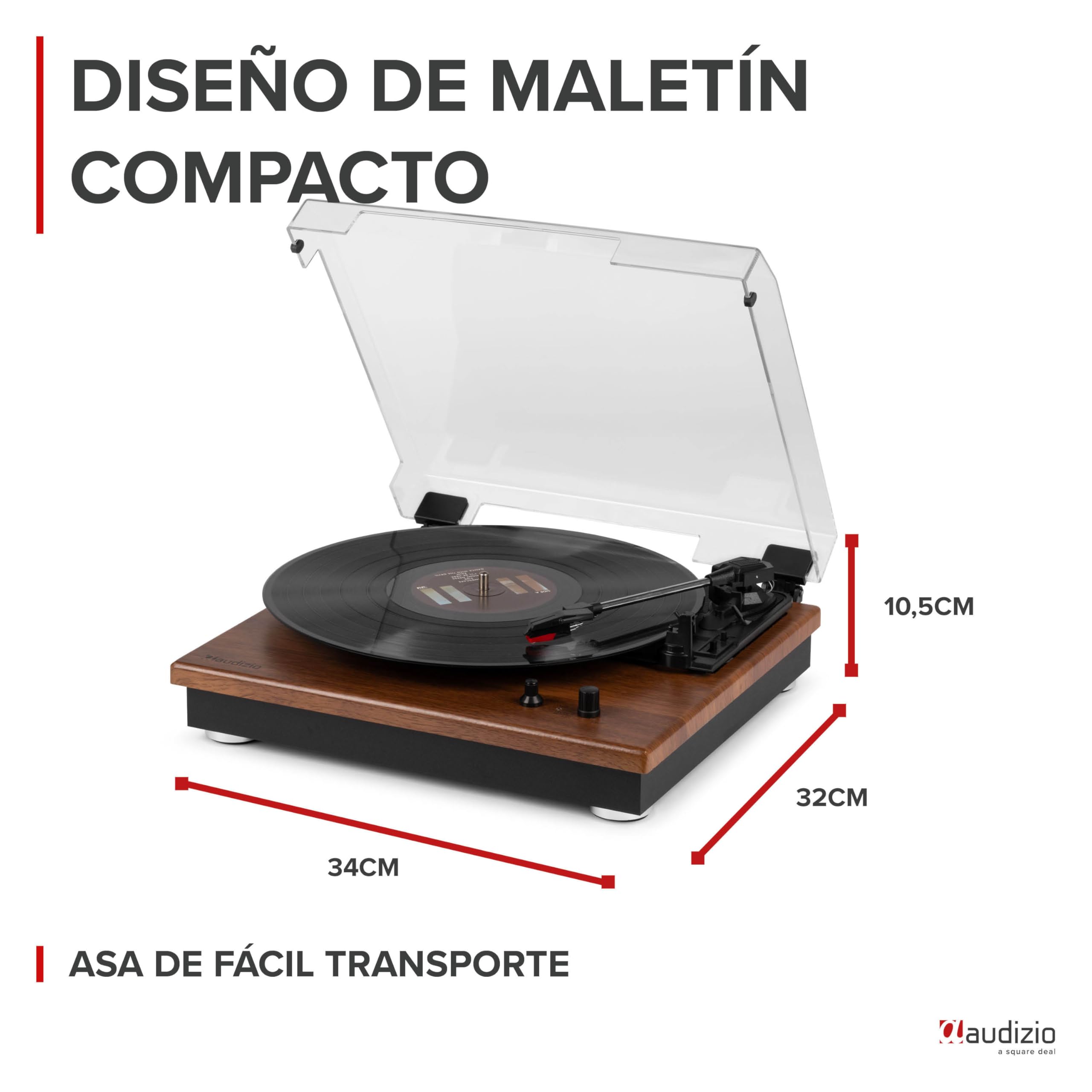 Audizio RP112L Tocadiscos de Vinilo Retro de Madera con Bluetooth, giradiscos de 3 velocidades, Apto para Todos los tamaños de Vinilo, se Conecta a un Altavoz Incorporado con Bluetooth, Salida RCA